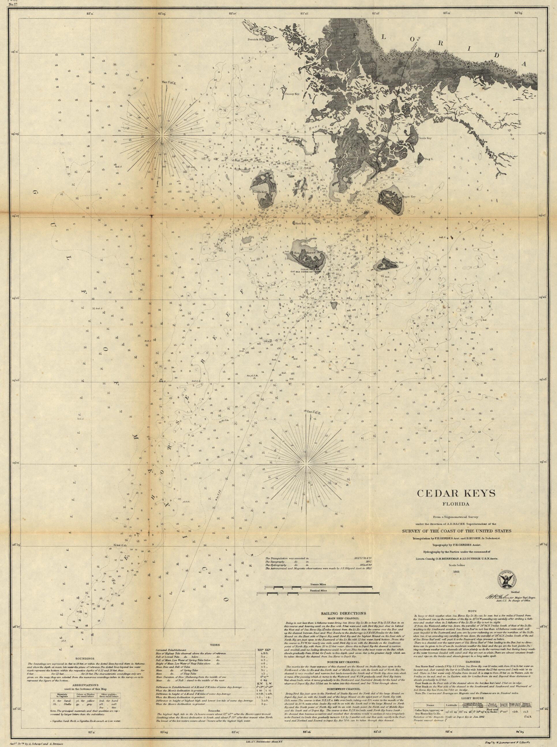 This old map of Cedar Keys, Florida from 1861 was created by A. D. (Alexander Dallas) Bache, O. H. Berryman, F. H. Gerdes, J. J. Guthrie, B. Huger,  United States Coast Survey in 1861