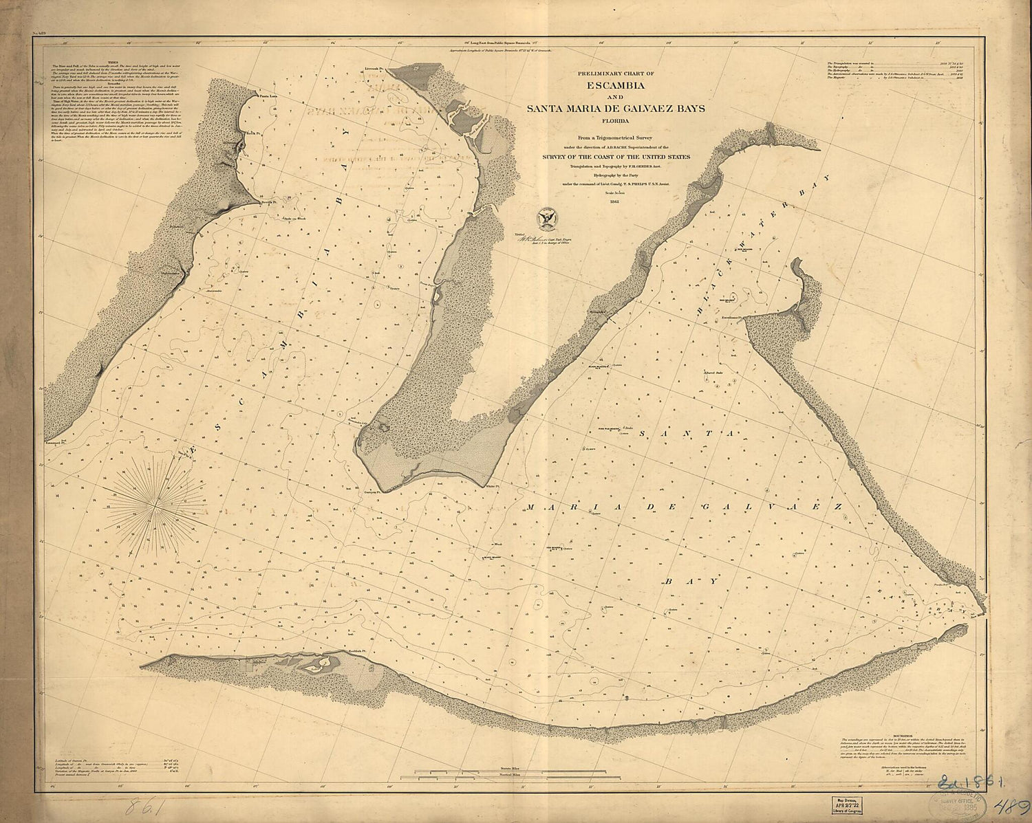 This old map of Preliminary Chart of Escambia and Santa Maria De Galvaez i.e., East Bays, Florida from 1861 was created by  United States Coast Survey in 1861