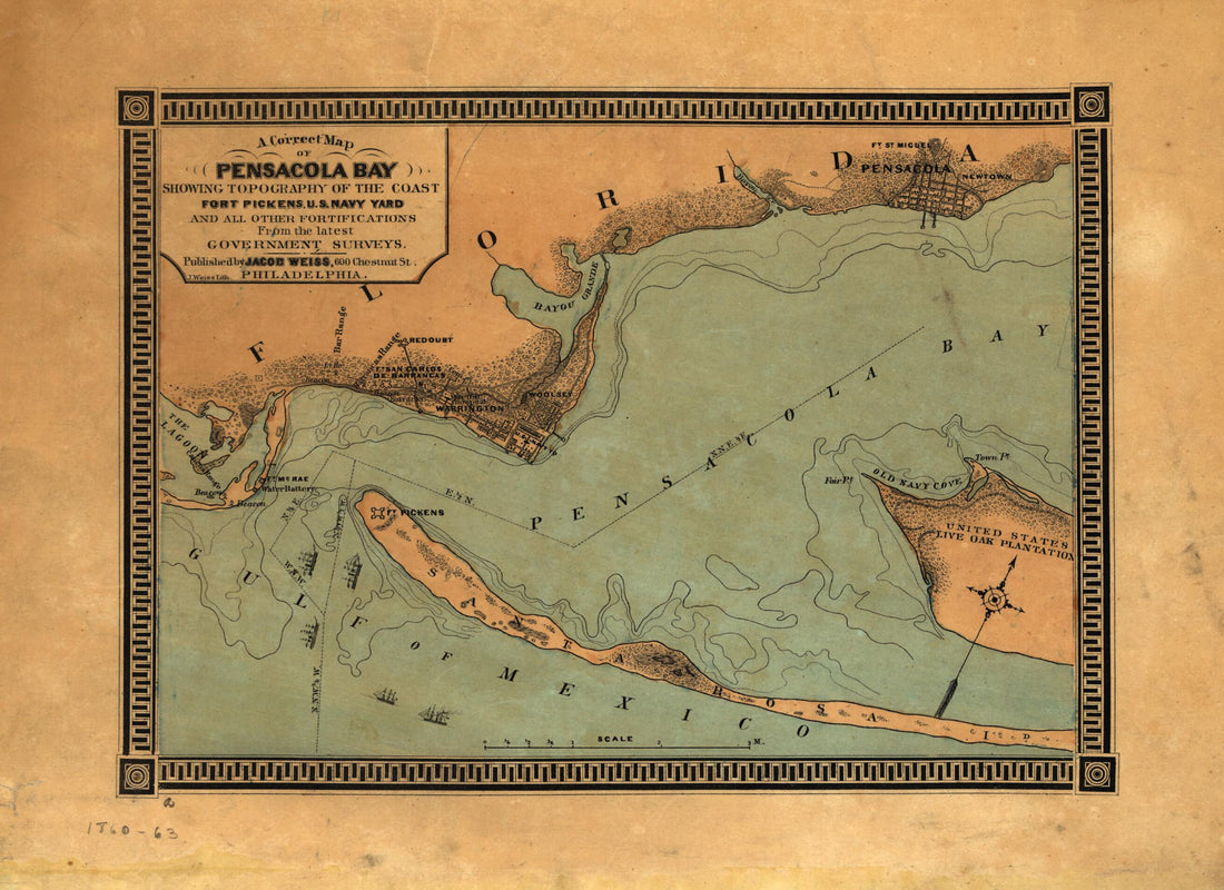 This old map of A Correct Map of Pensacola Bay Showing Topography of the Coast, Fort Pickens, U.S. Navy Yard, and All Other Fortifications from the Latest Government Surveys from 1860 was created by Jacob Weiss in 1860