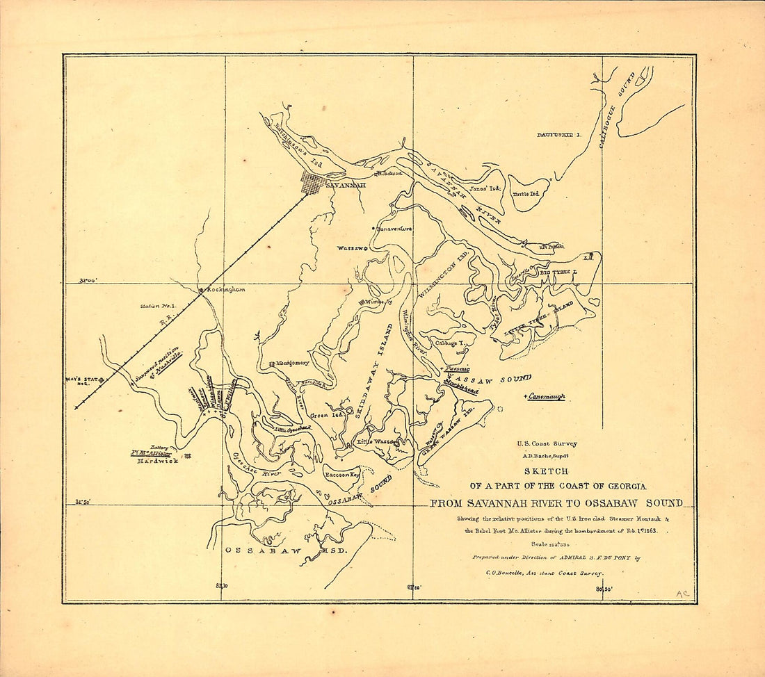 This old map of Sketch of a Part of the Coast of Georgia from Savannah River to Ossabaw Sound Showing the Relative Positions of the U.S. Iron Clad Steamer Montauk &amp; the Rebel Fort McAllister During the Bombardment of Feb 1st from 1863 was created by Char