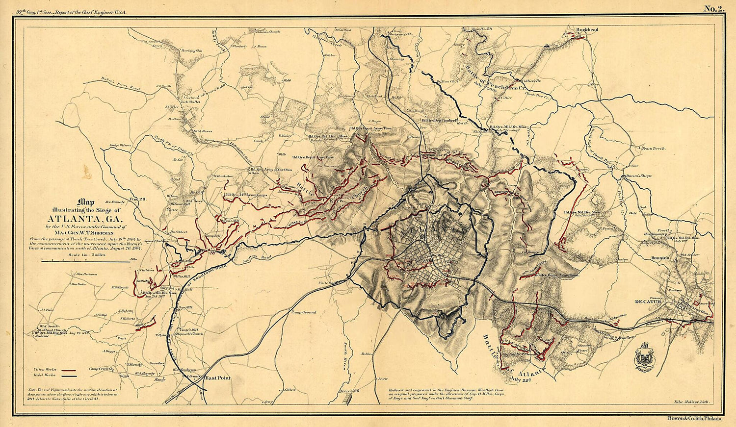 This old map of Map Illustrating the Siege of Atlanta, Georgia by the U.S. Forces Under Command of Maj. Gen. W. T. Sherman, from the Passage of Peach Tree Creek, July 19th 1864, to the Commencement of the Movement Upon the Enemy&