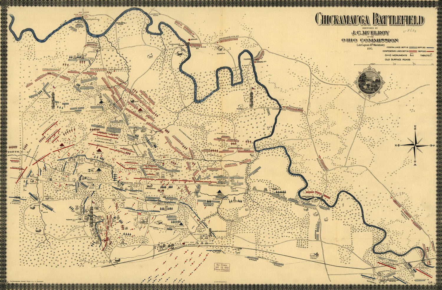 This old map of Chickamauga Battlefield. Accompanies the Battle of Chickamauga. Historical Map and Guide Book from 1895 was created by Joseph C. McElroy in 1895