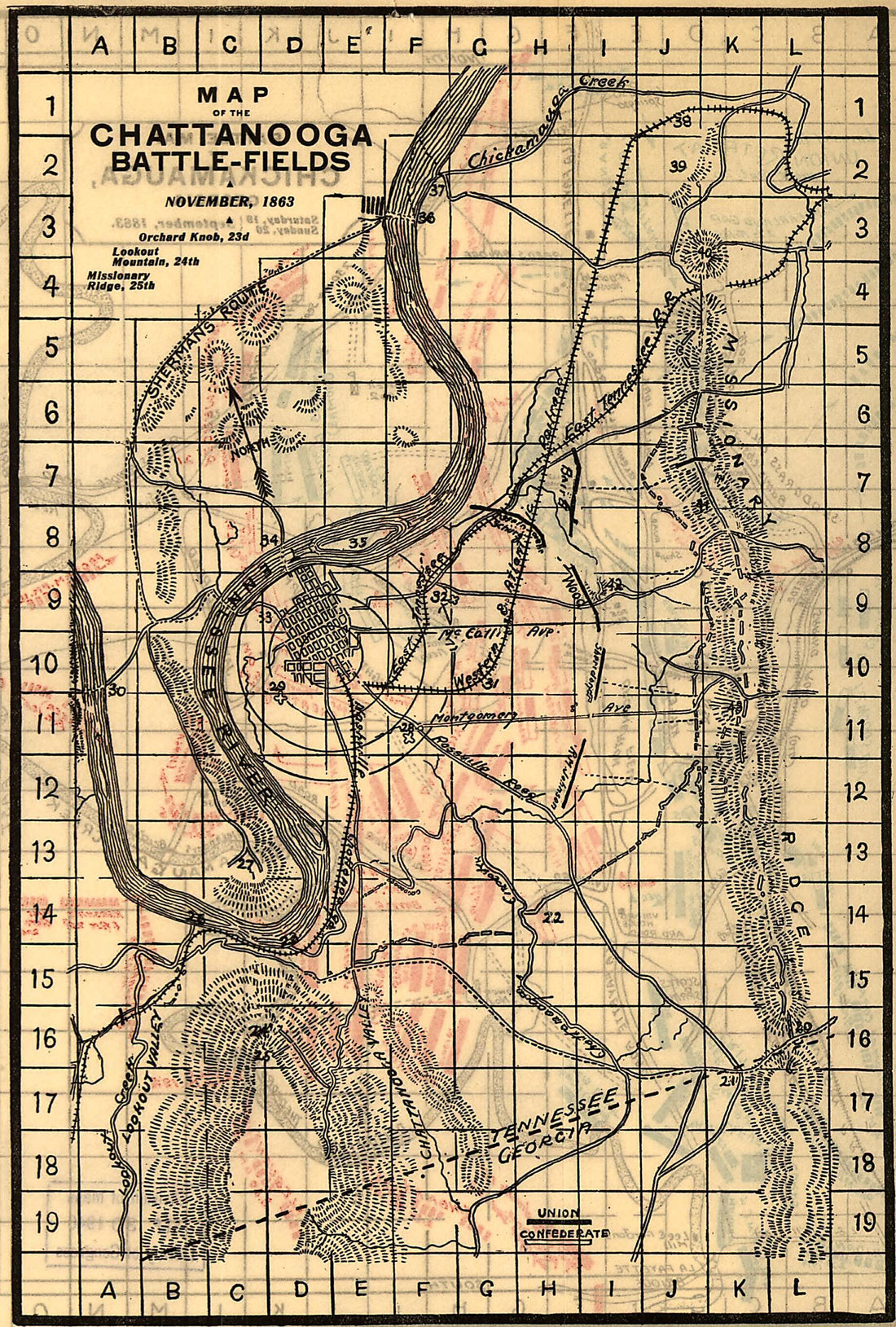 This old map of Fields, November, 1863. Orchard Knob, 23d, Lookout Mountain, 24th, Missionary Ridge, 25th from 1898 was created by Charles W. Norwood in 1898