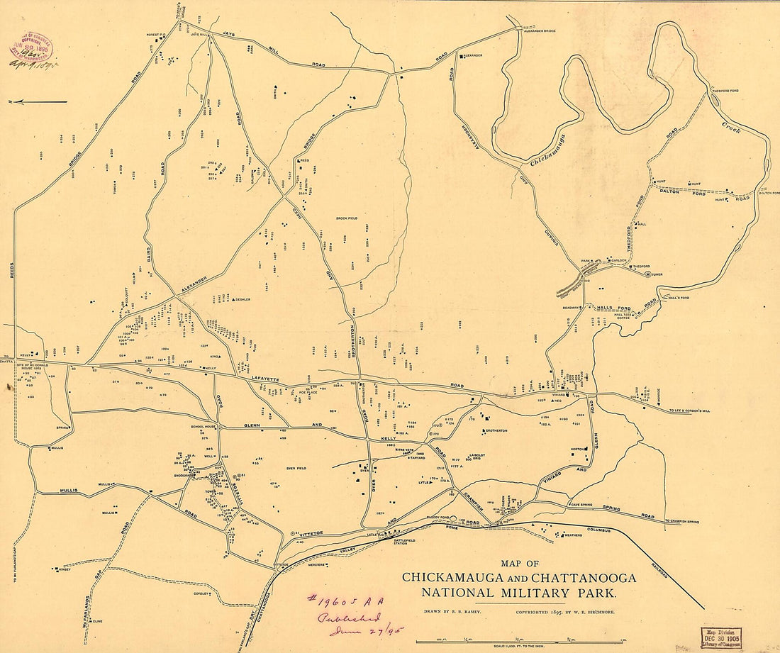 This old map of Map of Chickamauga and Chattanooga National Military Park from 1895 was created by B. B. Ramey in 1895