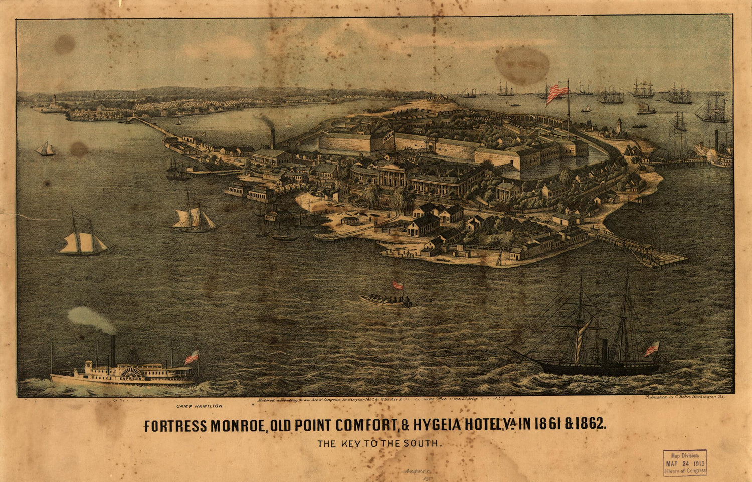 This old map of Fortress Monroe, Old Point Comfort, &amp; Hygeia Hotel, Va. In from 1861 &amp; 1862. the Key to the South was created by  E. Sachse &amp; Co in 1861