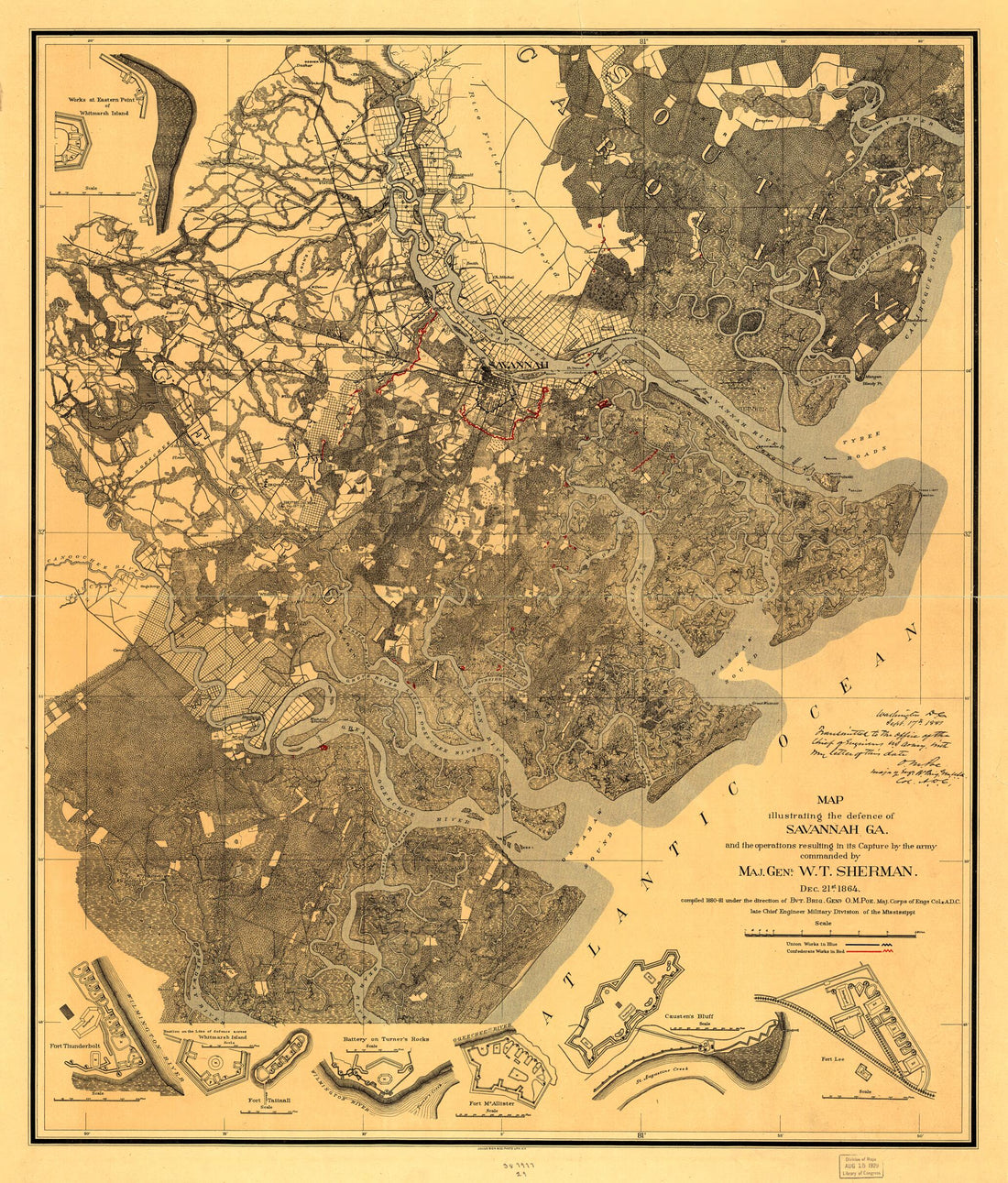 This old map of Map Illustrating the Defence of Savannah, Georgia and the Operations Resulting In Its Capture by the Army Commanded by Maj. Genl. W. T. Sherman. Dec. 21st 1864 from 1881 was created by O. M. (Orlando Metcalfe) Poe in 1881