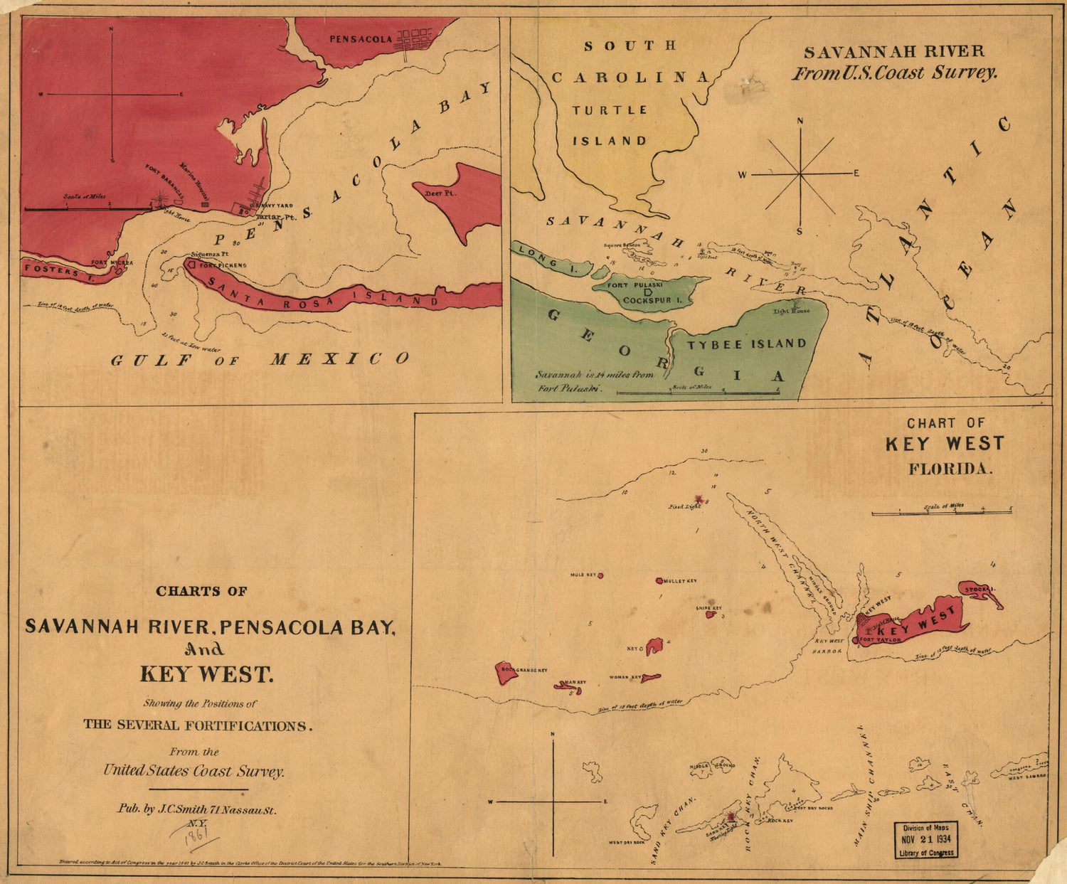 This old map of Charts of Savannah River, Pensacola Bay, and Key West. Showing the Positions of the Several Fortifications. from the United States Coast Survey from 1861 was created by Jim (Jim C.) Smith in 1861