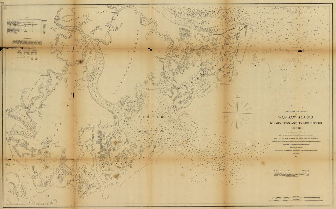 This old map of Preliminary Chart of Wassaw Sound, Wilmington and Tybee Rivers, Georgia from 1864 was created by C. P. Bolles, C. O. (Charles Otis) Boutelle, W. H. Dennis, W. S. Edwards, A. W. Evans, C. Fendall, A. W. (Alexander Wadsworth) Longfellow,  U