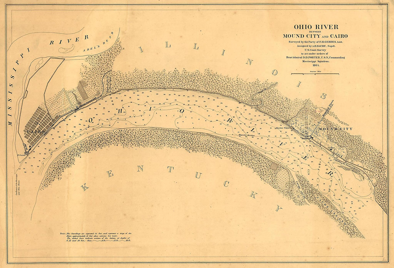 This old map of Ohio River Between Mound City and Cairo from 1864 was created by A. D. (Alexander Dallas) Bache, F. H. Gerdes in 1864