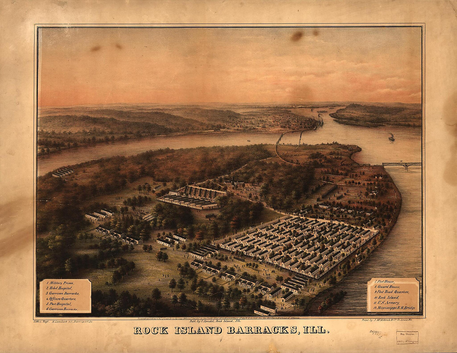 This old map of Rock Island Barracks, Ill from 1864 was created by C. Speidel in 1864