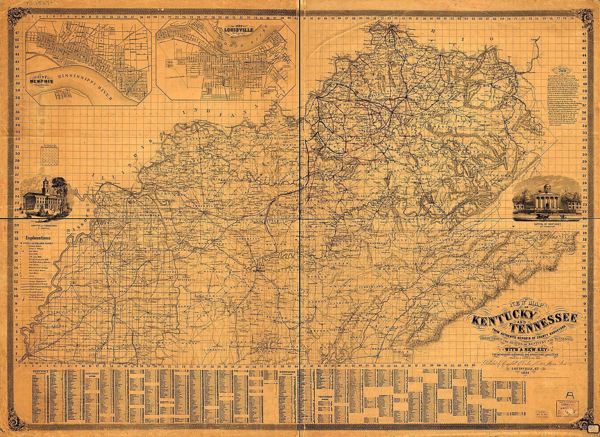 This old map of New Map of Kentucky and Tennessee from Authentic Reports of County Surveyors Throughout the States of Kentucky and Tennessee With a New Key for Measuring Distances and Specifying Localities (which Key Is Secured by Copyright.) from 1861 w
