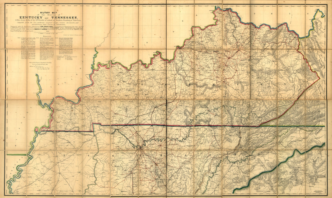 This old map of Military Map of the States of Kentucky and Tennessee, Within Eleven Miles of the 35th Parallel of Latitude Or Southern Boundary of Tennessee; Compiled from the Best Authentic Original Maps, Various Documents, and Miscellaneous Latest Sour
