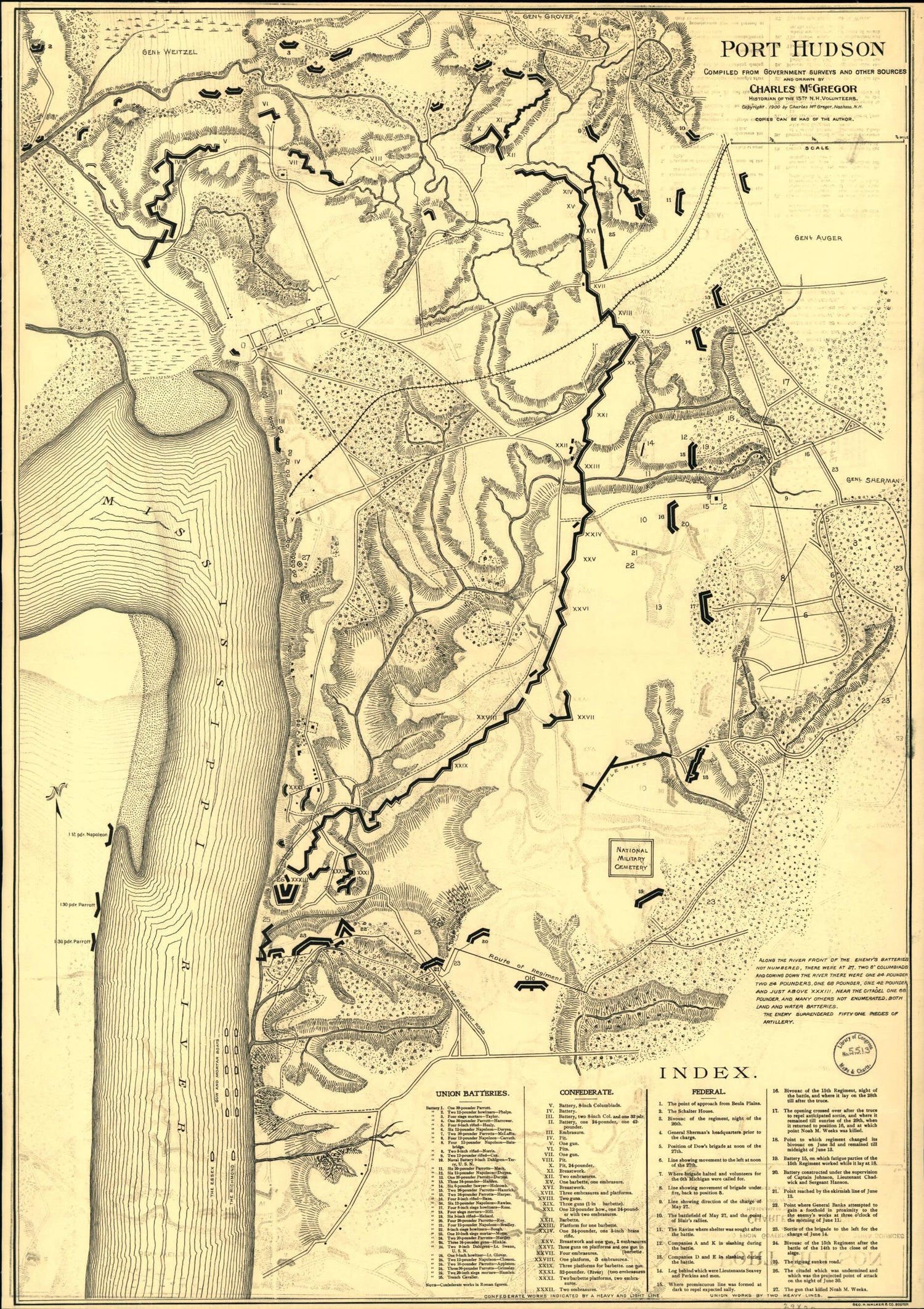 This old map of Port Hudson Compiled from Government Surveys and Other Sources and Drawn by Charles McGregor, Historian of the 15th N.H. Volunterrs. Lith. By Geo. H. Walker &amp; Co., Boston from 1900 was created by Charles McGregor in 1900