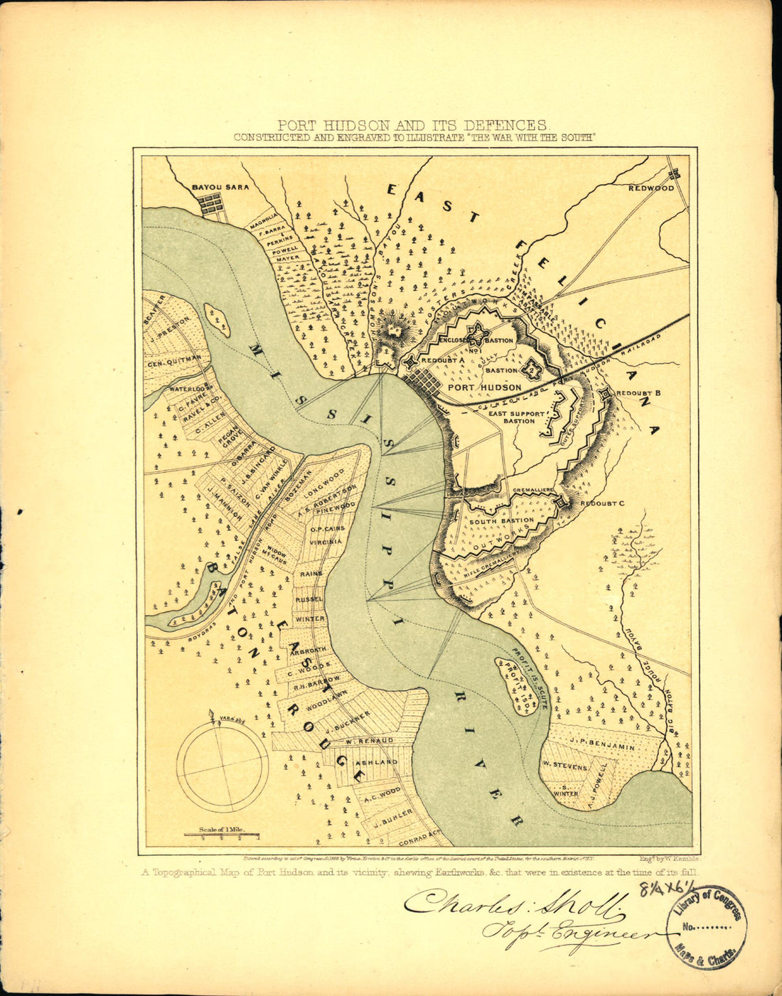 This old map of Port Hudson and Its Defences from 1863 was created by Charles Sholl in 1863