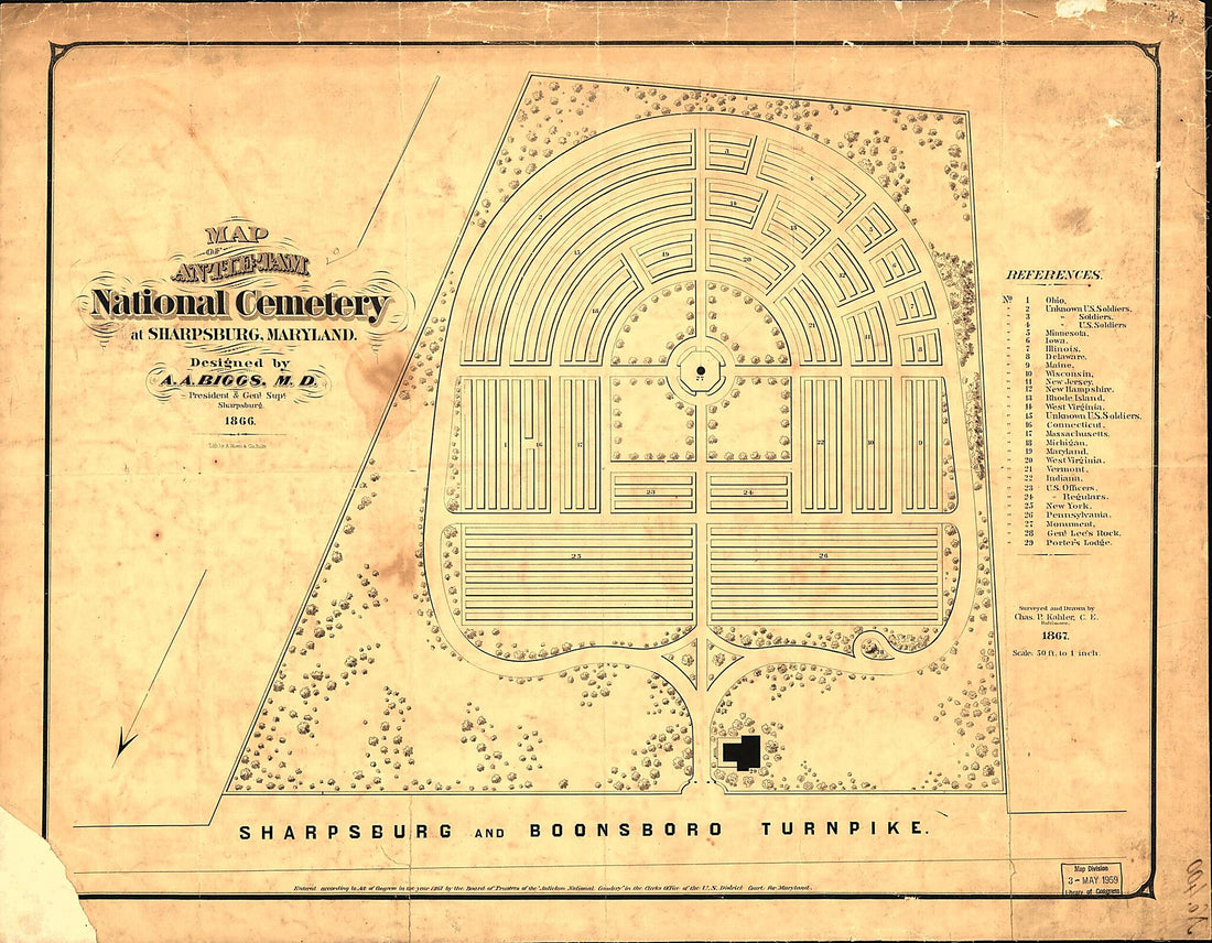 This old map of Map of Antietam National Cemetery at Sharpsburg, Maryland from 1867 was created by Charles P. Kahler in 1867