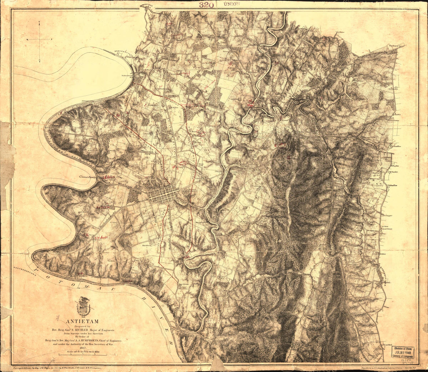 This old map of Antietam from 1867 was created by N. (Nathaniel) Michler in 1867