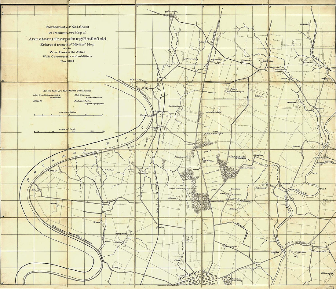 This old map of Northwest, Or No. 1, Sheet of Preliminary Map of Antietam (Sharpsburg) Battlefield. Enlarged from the Michler Map of the War Records Atlas With Corrections and Additions from 1894 was created by  Antietam Battlefield Board in 1894