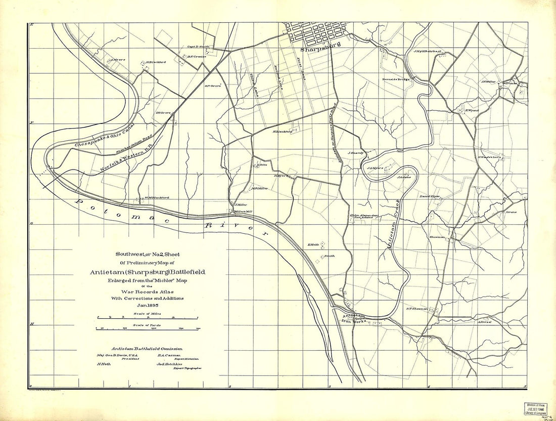 This old map of Southwest, Or No. 2, Sheet of Preliminary Map of Antietam (Sharpsburg) Battlefield. Enlarged from Michler Map of the War Records Atlas With Corrections and Additions from 1895 was created by  Antietam Battlefield Board in 1895