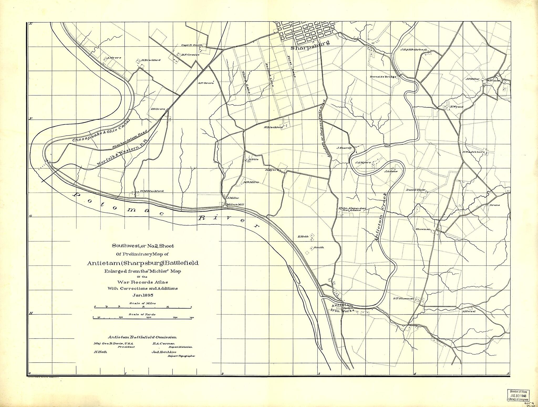 This old map of Southwest, Or No. 2, Sheet of Preliminary Map of Antietam (Sharpsburg) Battlefield. Enlarged from Michler Map of the War Records Atlas With Corrections and Additions from 1895 was created by  Antietam Battlefield Board in 1895