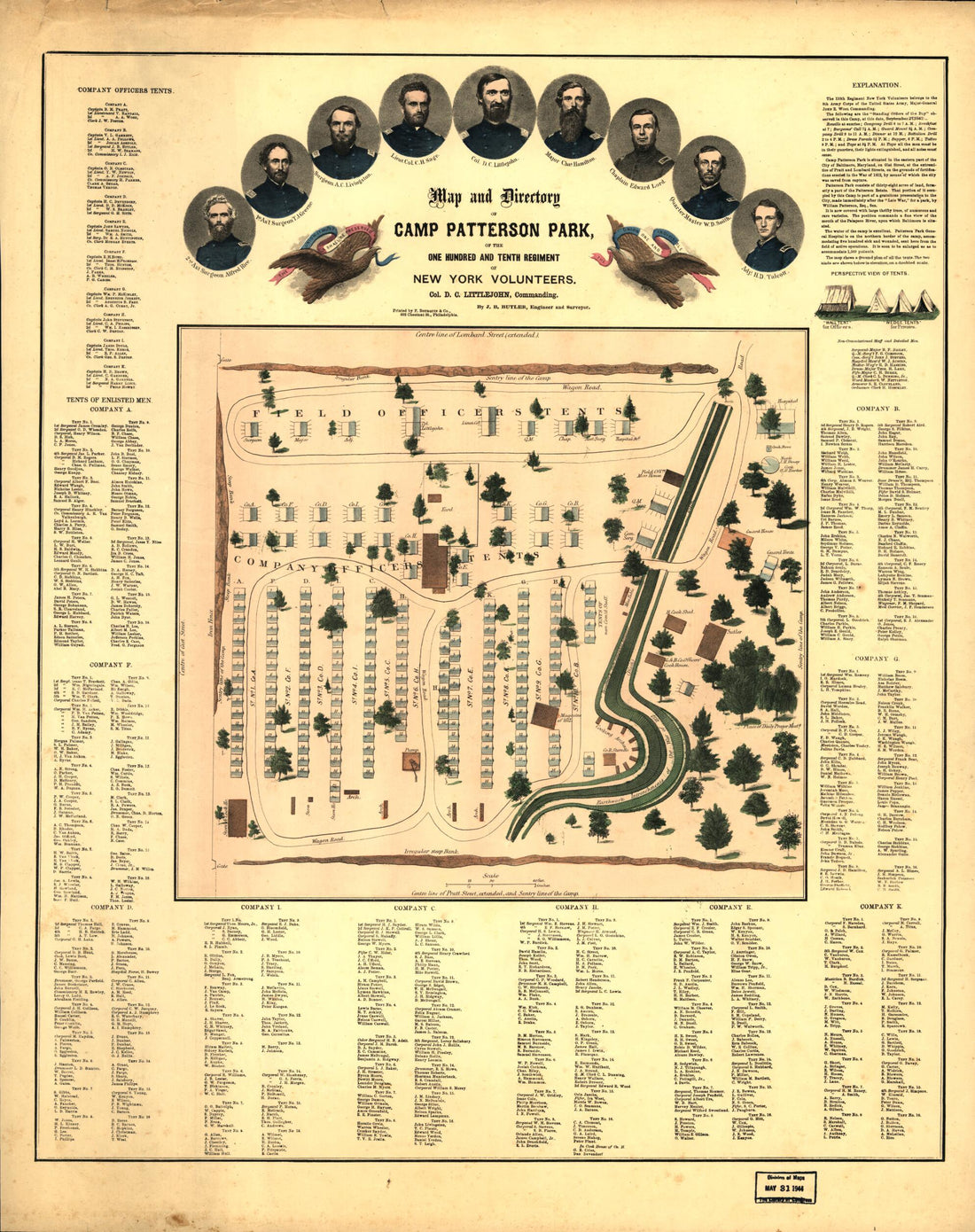 This old map of Map and Directory of Camp Patterson Park Baltimore, Maryland One Hundred and Tenth Regiment of New York Volunteers. Col. D. C. Littlejohn, Commanding from 1862 was created by J. B. Butler in 1862