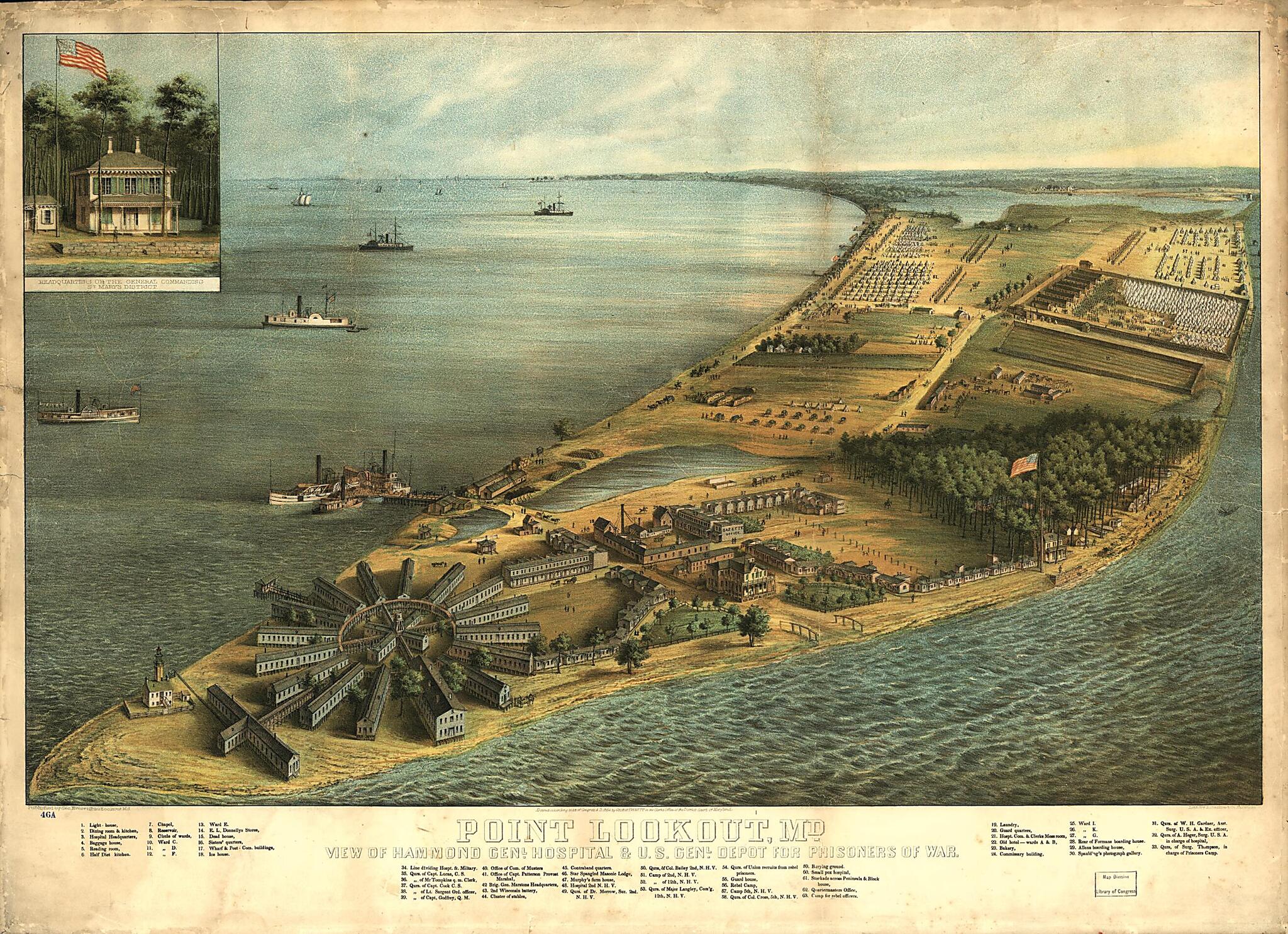 This old map of Point Lookout, Md. View of Hammond Genl. Hospital &amp; U.S. Genl. Depot for Prisoners of War from 1864 was created by George Everett in 1864