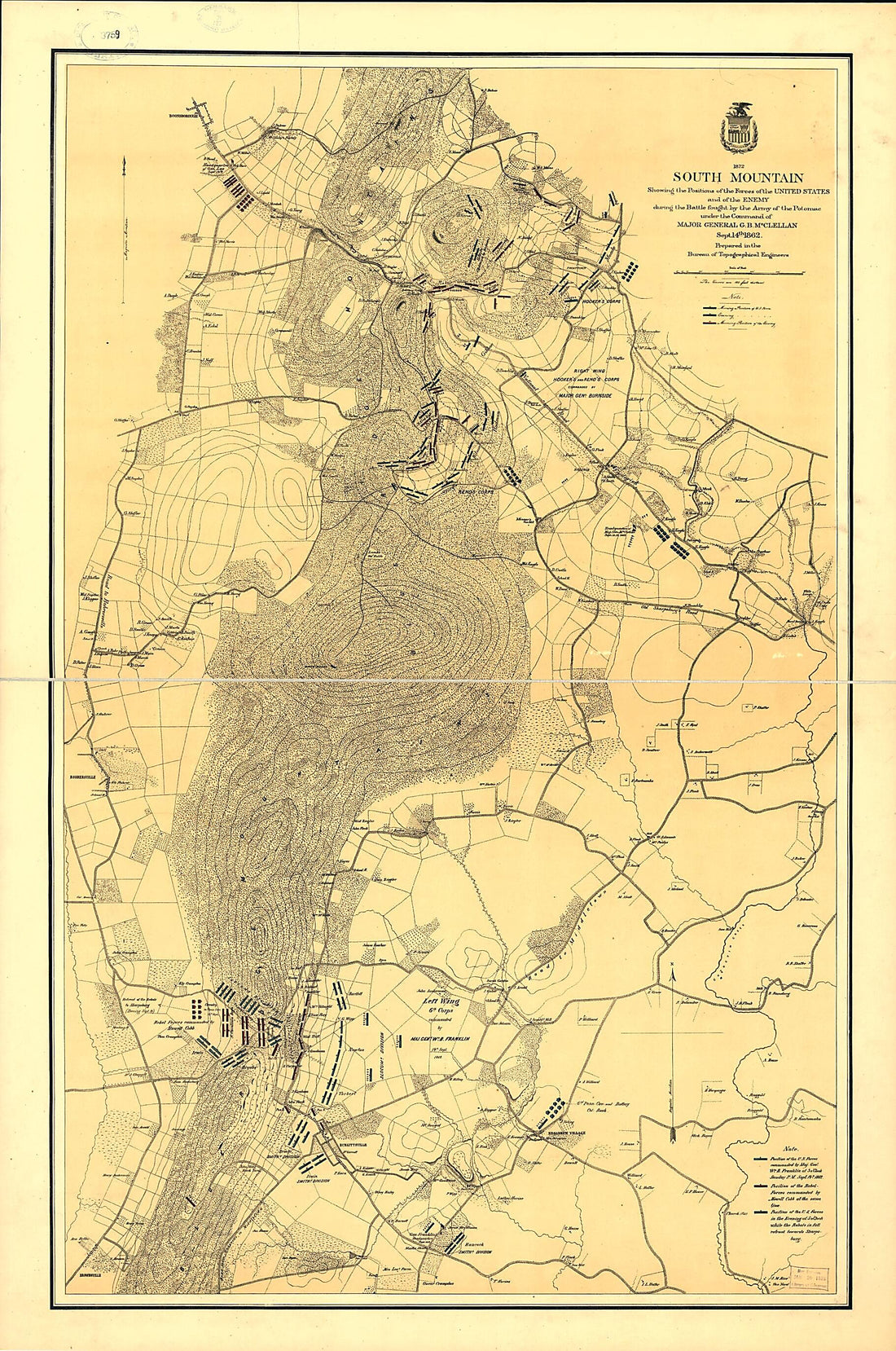 This old map of South Mountain Showing the Positions of the Forces of the United States and the Enemy During the Battle Fought by the Army of the Potomac Under the Command of Major General G. B. McClellan, Sept. 14th 1862 from 1872 was created by  United