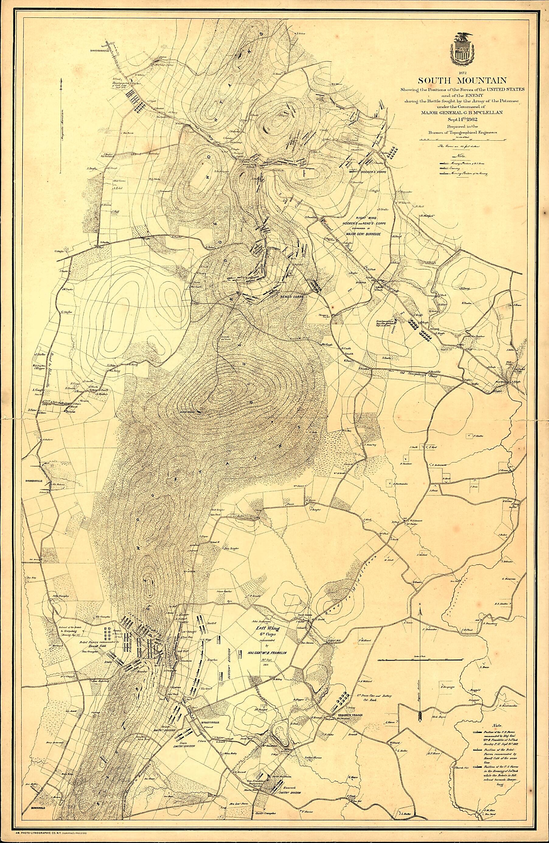 This old map of South Mountain Showing the Positions of the Forces of the United States and the Enemy During the Battle Fought by the Army of the Potomac Under the Command of Major General G. B. McClellan, Sept. 14th 1862. Am from 1872 was created by  Un