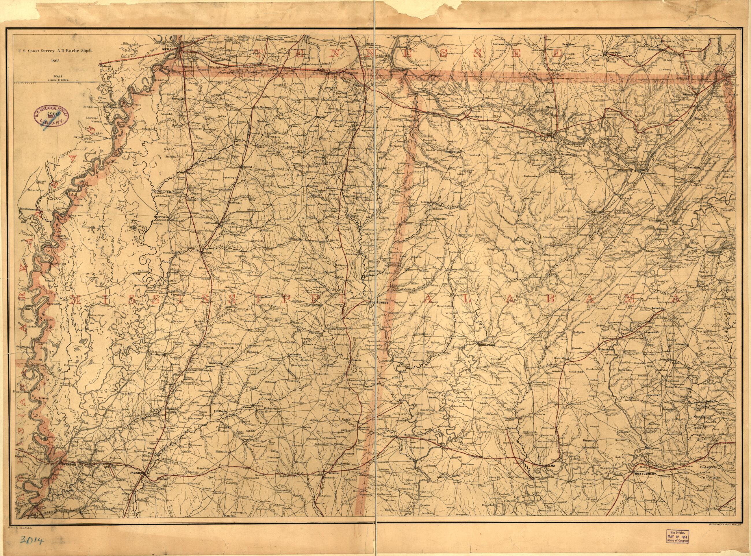 This old map of Northern Mississippi and Alabama from 1865 was created by A. Lindenkohl,  United States Coast Survey in 1865