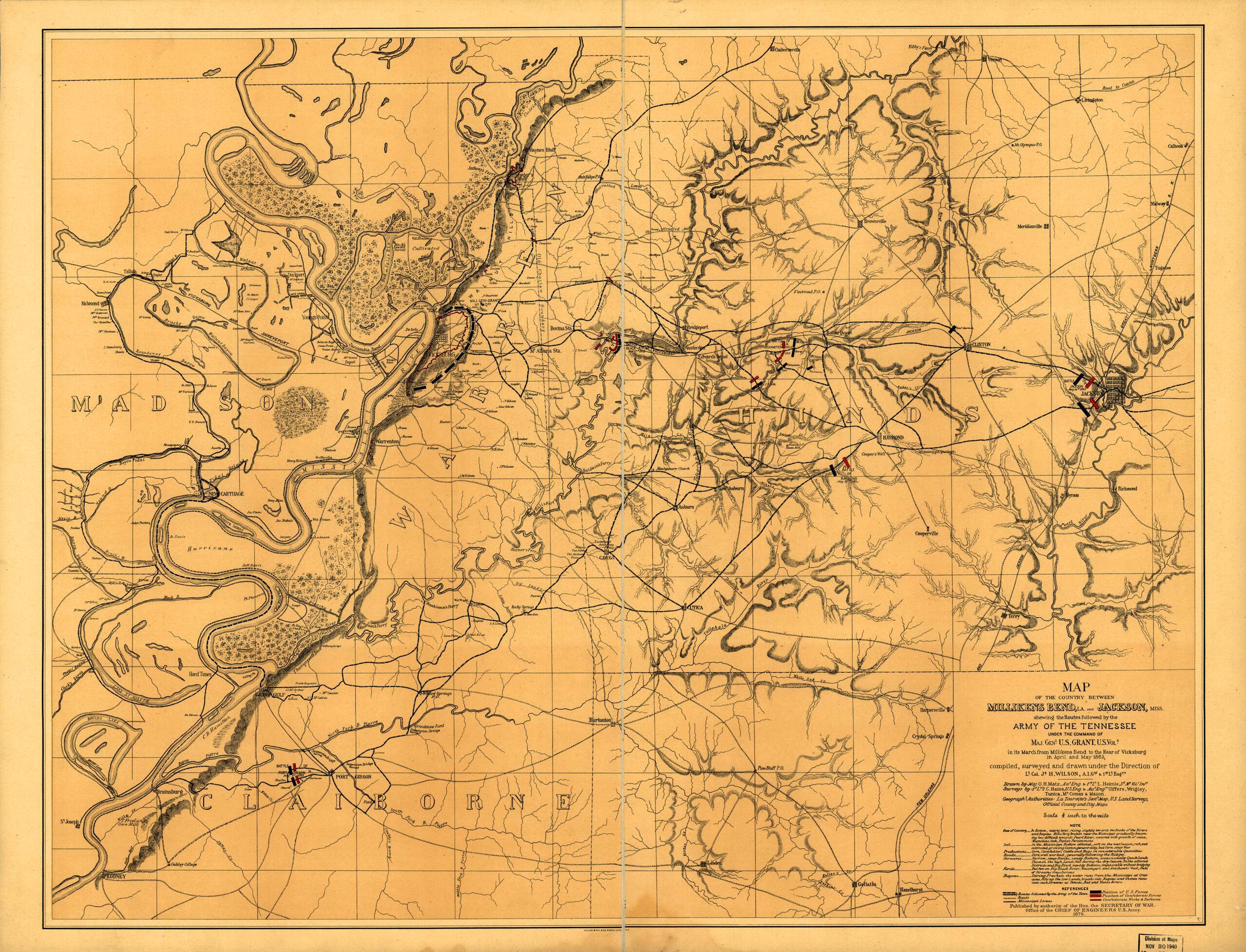 This old map of Map of the Country Between Millikens Bend, La. and Jackson, Mississippi Shewing the Routes Followed by the Army of the Tennessee Under the Command of Maj. Genl. U.S. Grant, U.S. Vols. In Its March from Millikens Bend to the Rear of Vicksb