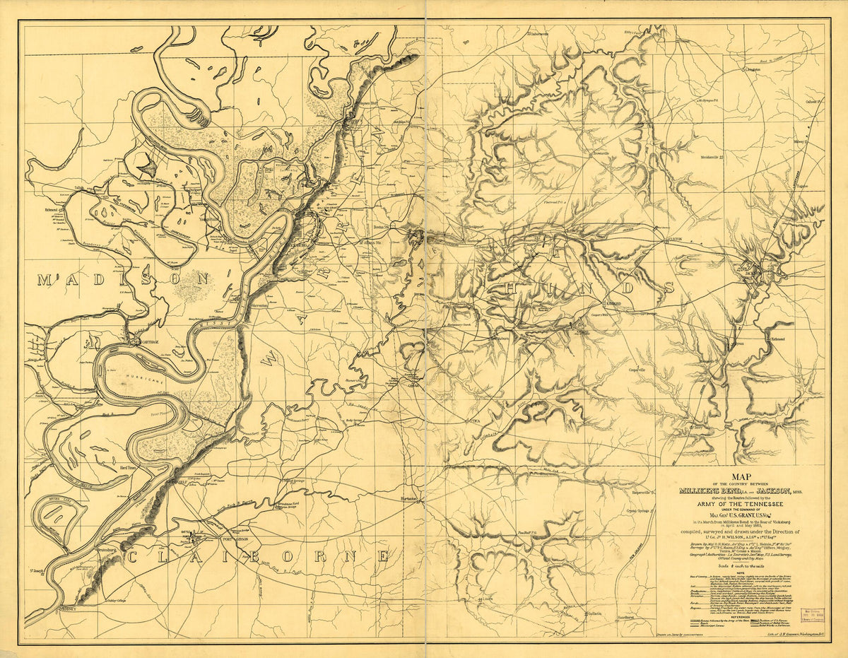 Map of the Country Between Millikens Bend, La. and Jackson, Mississippi Shewing the Routes Followed by the Army of the Tennessee Under the Command of Maj. Genl. U.S. Grant, U.S. Vols. In Its March from Millikens Bend to the Rear of Vicksburg In April ... by Relic Map Company