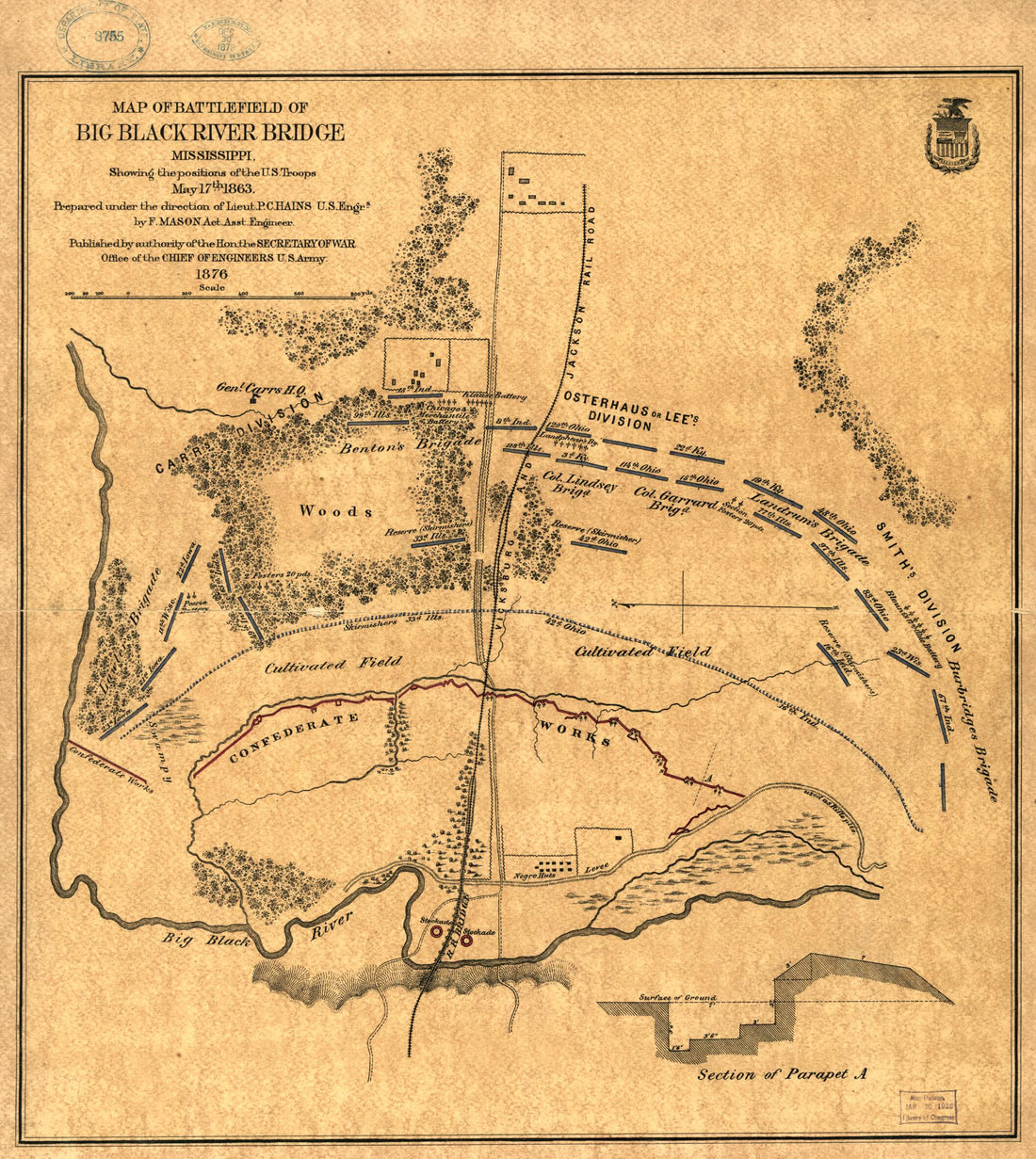 This old map of Map of Battlefield of Big Black River Bridge, Mississippi, Showing the Positions of the U.S. Troops, May 17th 1863 from 1876 was created by F. Mason,  United States Army. Office of the Chief of Engineers in 1876