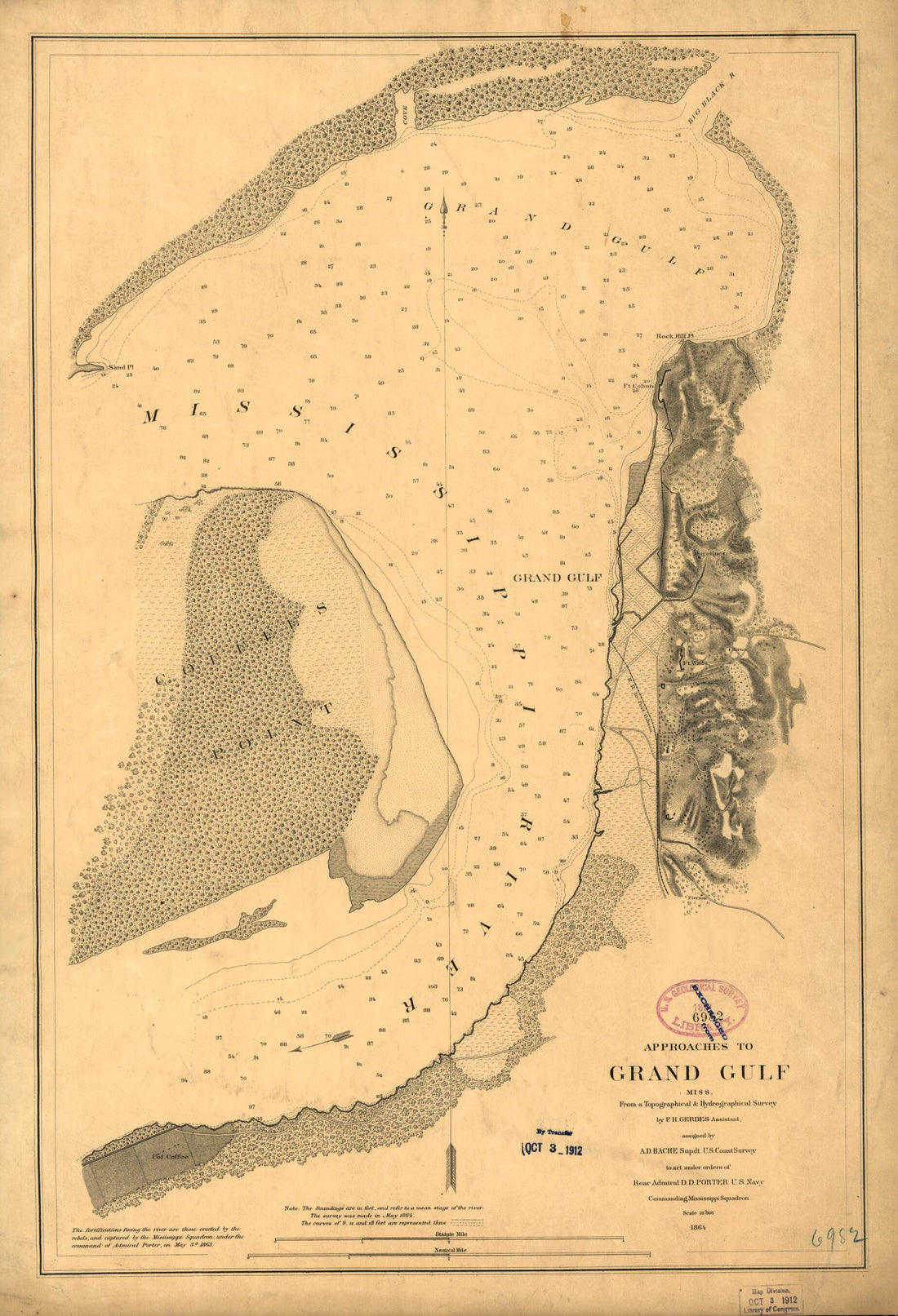 This old map of Approaches to Grand Gulf, Mississippi from 1864 was created by F. H. Gerdes in 1864
