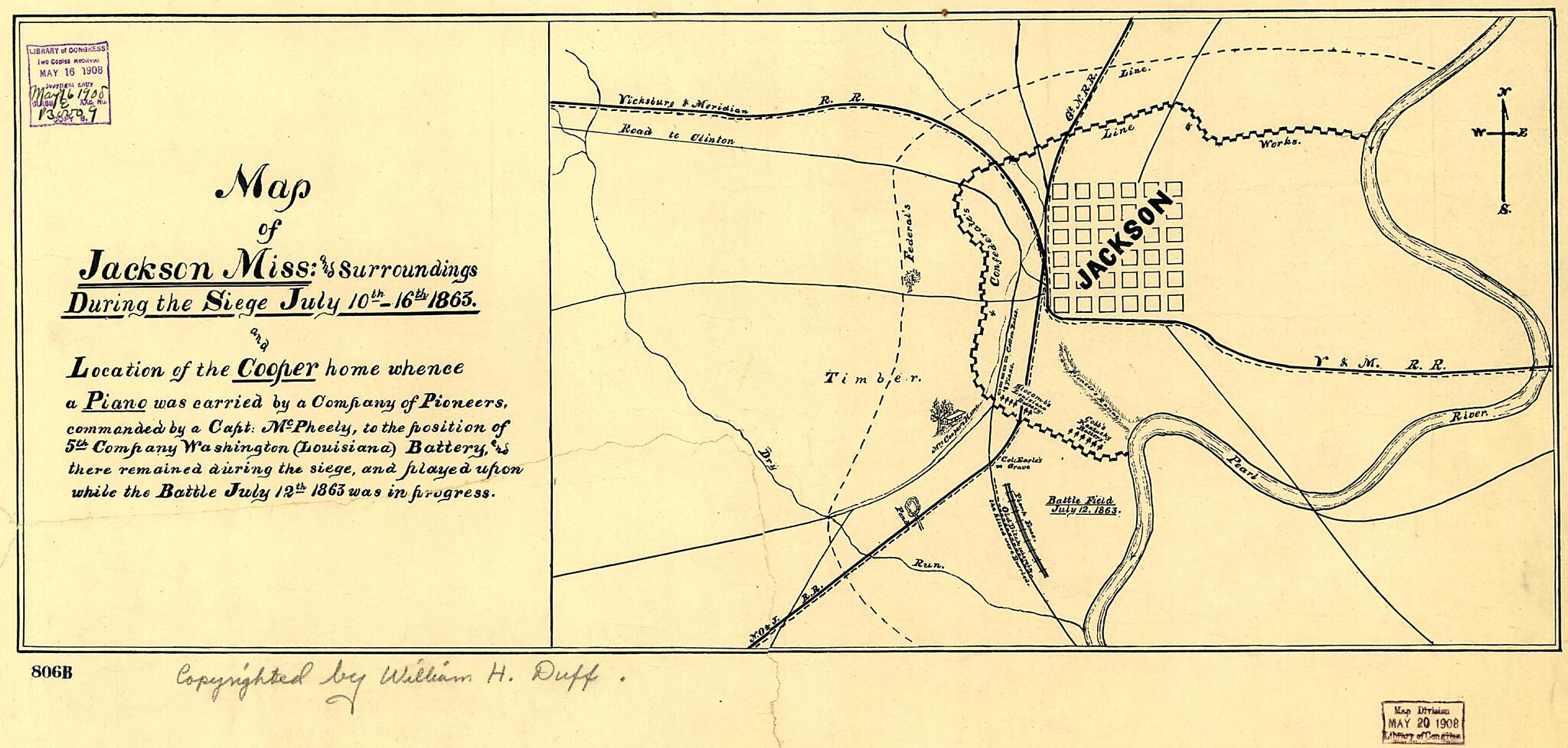 This old map of 16th, 1863, and Location of the Cooper Home Whence a Piano Was Carried by a Company of Pioneers, Commanded by a Capt: McPheely, to the Position of 5th Company, Washington (Louisiana) Battery, and There Remained During the Siege, and Playe
