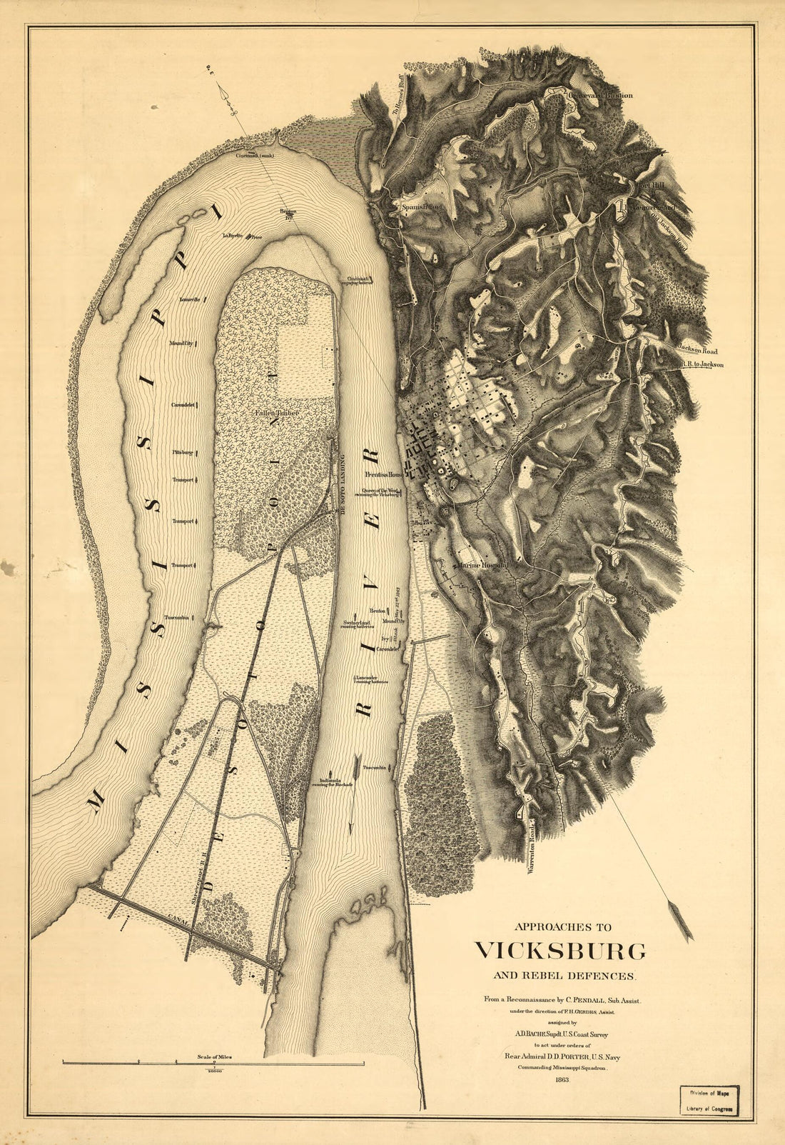 This old map of Approaches to Vicksburg and Rebel Defences from 1863 was created by C. Fendall in 1863