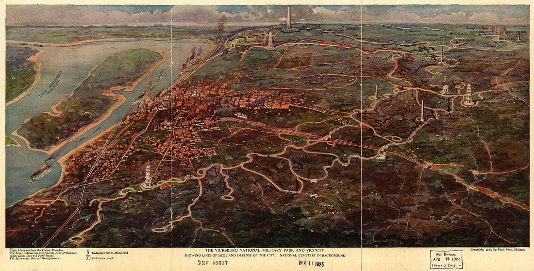 This old map of The Vicksburg National Military Park and Vicinity Showing Lines of Siege and Defense of the City. National Cemetery In Background from 1925 was created by  Poole Brothers in 1925