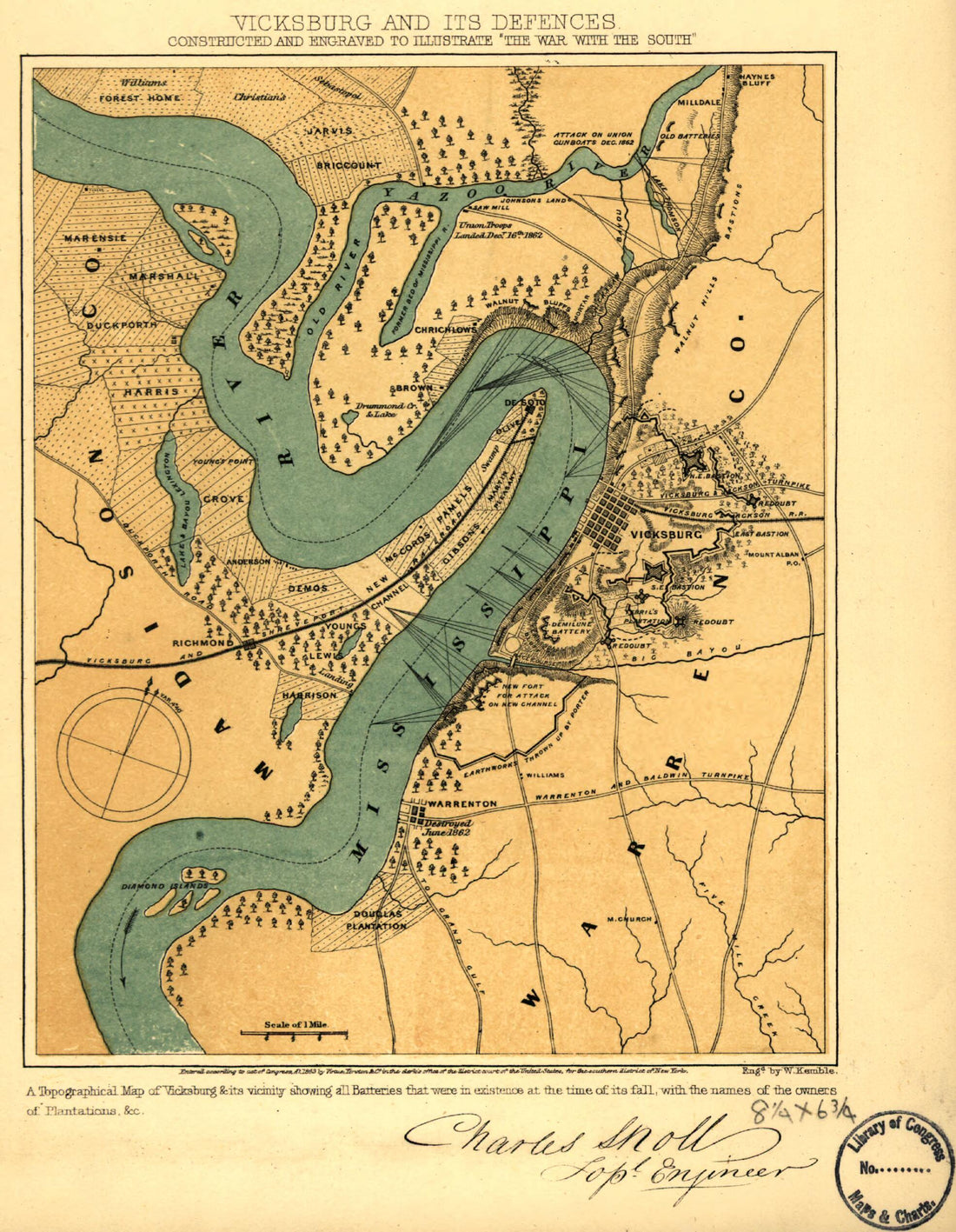 This old map of Vicksburg and Its Defences. Constructed and Engraved to Illustrate The War With the South from 1863 was created by Charles Sholl in 1863
