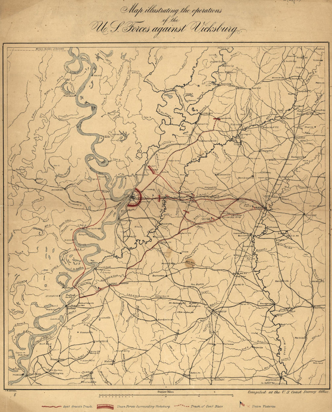 This old map of Map Illustrating the Operations of the U.S. Forces Against Vicksburg from 1863 was created by  United States Coast Survey in 1863