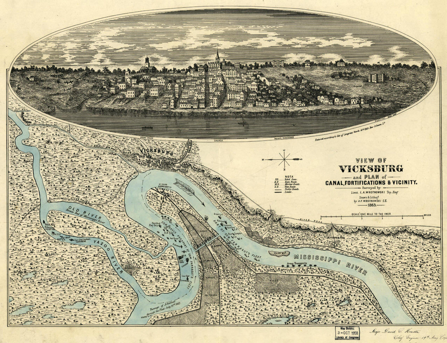 This old map of View of Vicksburg and Plan of the Canal, Fortifications &amp; Vicinity from 1863 was created by L. A. Wrotnowski in 1863