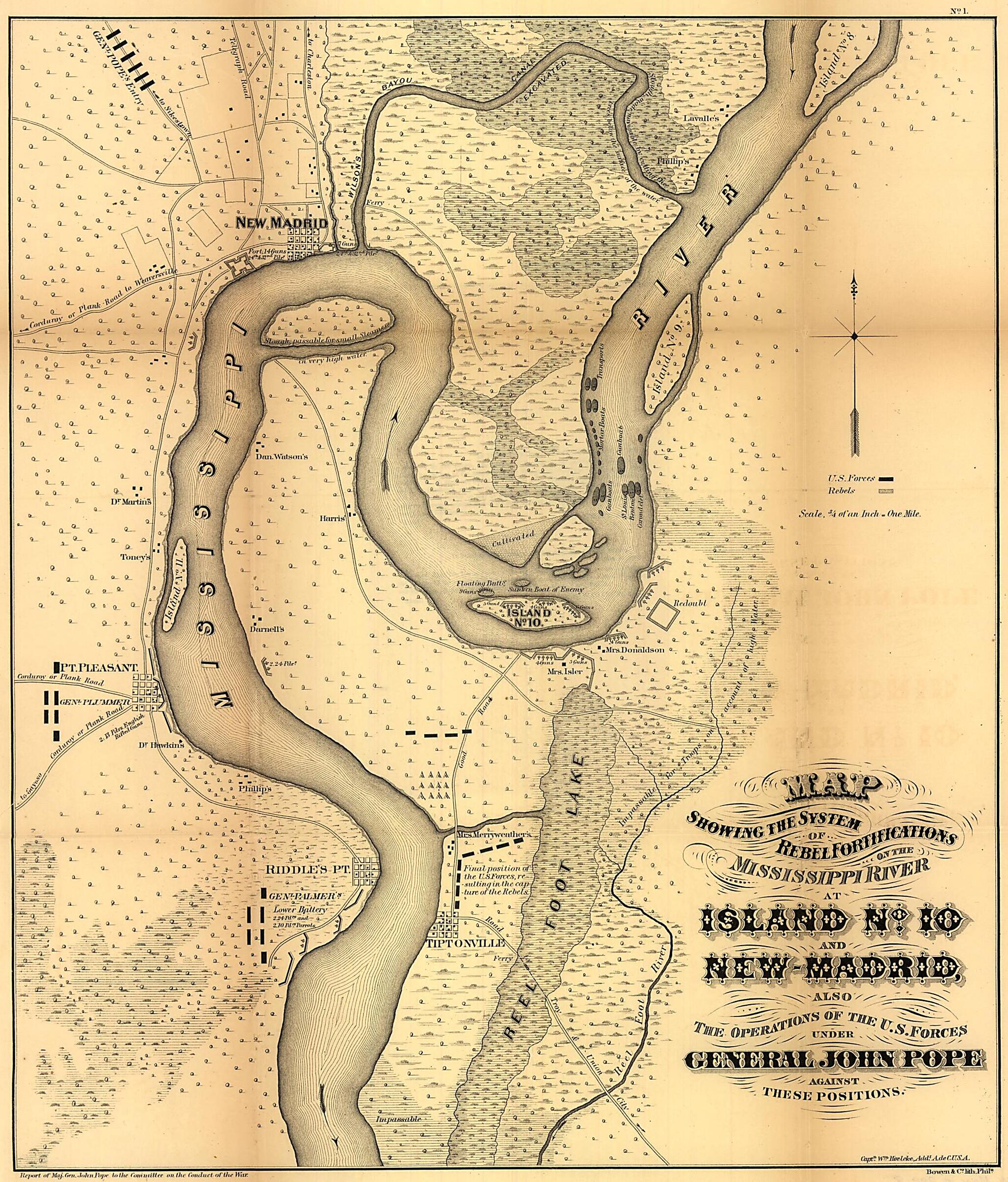 This old map of Map Showing the System of Rebel Fortifications On the Mississippi River at Island No. 10 and New Madrid, Also the Operations of the U.S. Forces Under General John Pope Against These Positions from 1862 was created by Wm Hoelcke in 1862