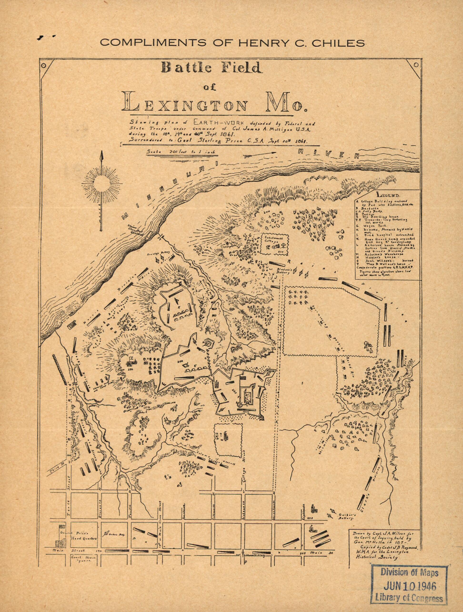 This old map of Battle Field of Lexington, Mo., Showing Plan of Earthwork Defended by Federal and State Troops Under Command of Col. James A. Mulligan, U.S.A. During the 18th, 19th and 20th Sept. 1861. Surrendered to Genl. Sterling Price, C.S.A., Sept. 2