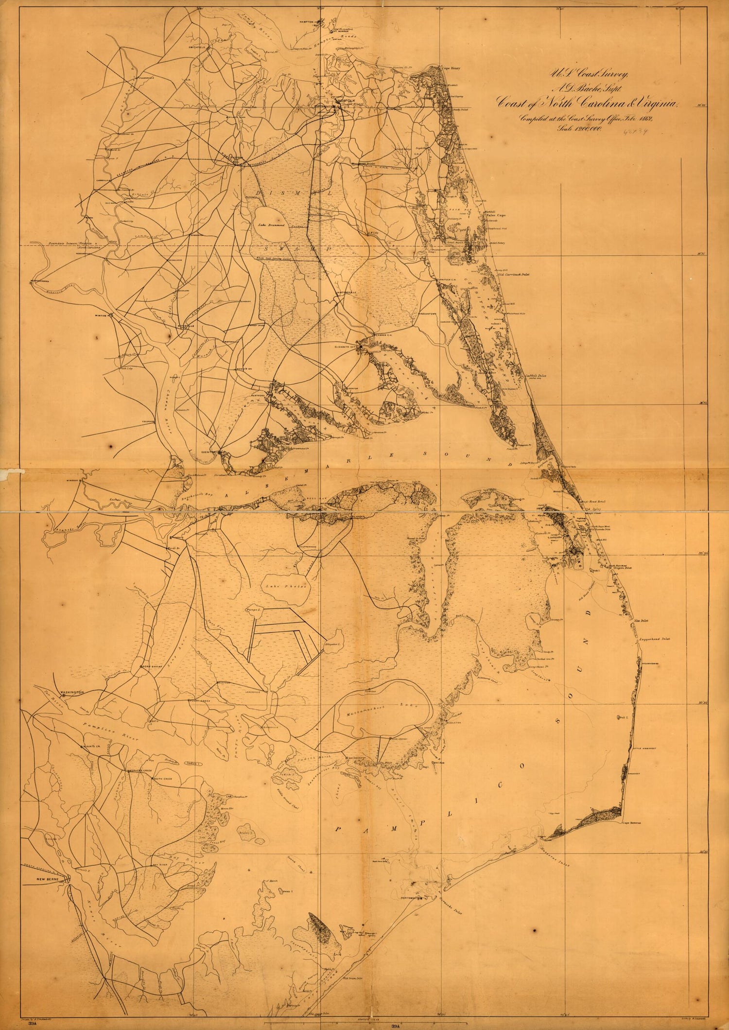 This old map of Coast of North Carolina &amp; Virginia from 1862 was created by A. Lindenkohl,  United States Coast Survey in 1862