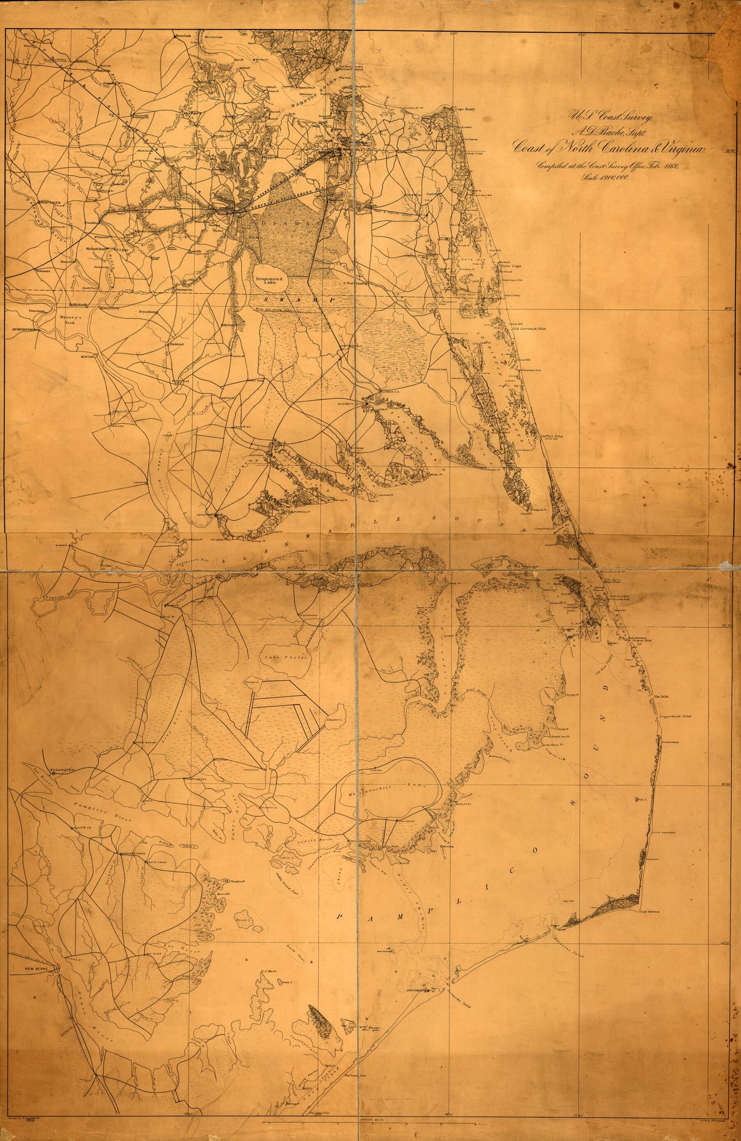 This old map of Coast of North Carolina &amp; Virginia from 1863 was created by A. Lindenkohl in 1863
