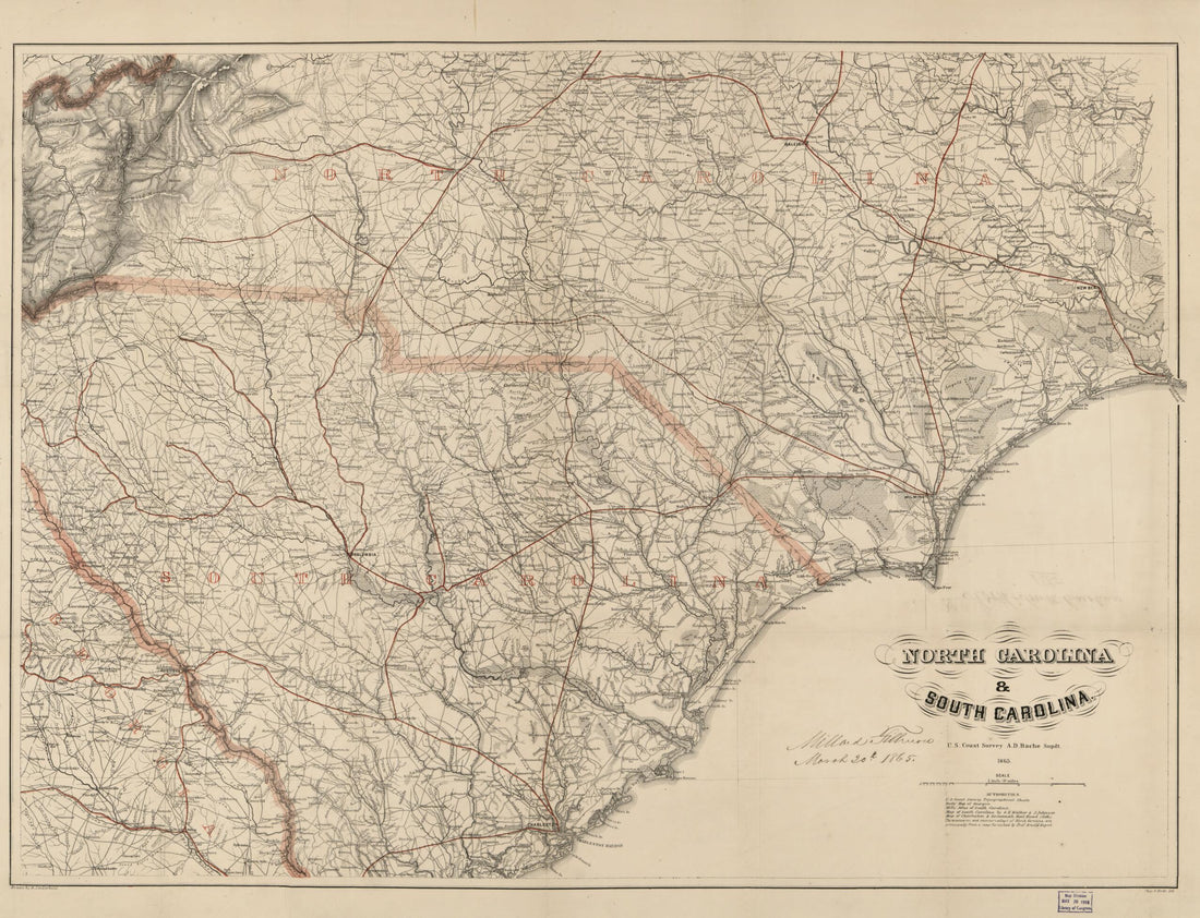 This old map of North Carolina &amp; South Carolina from 1865 was created by A. Lindenkohl in 1865