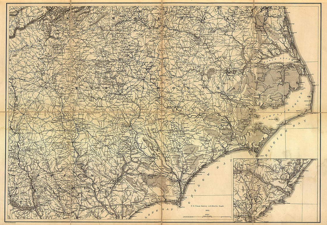 This old map of North Carolina, With Adjacent Parts of Virginia and South Carolina from 1865 was created by A. Lindenkohl,  United States Coast Survey in 1865