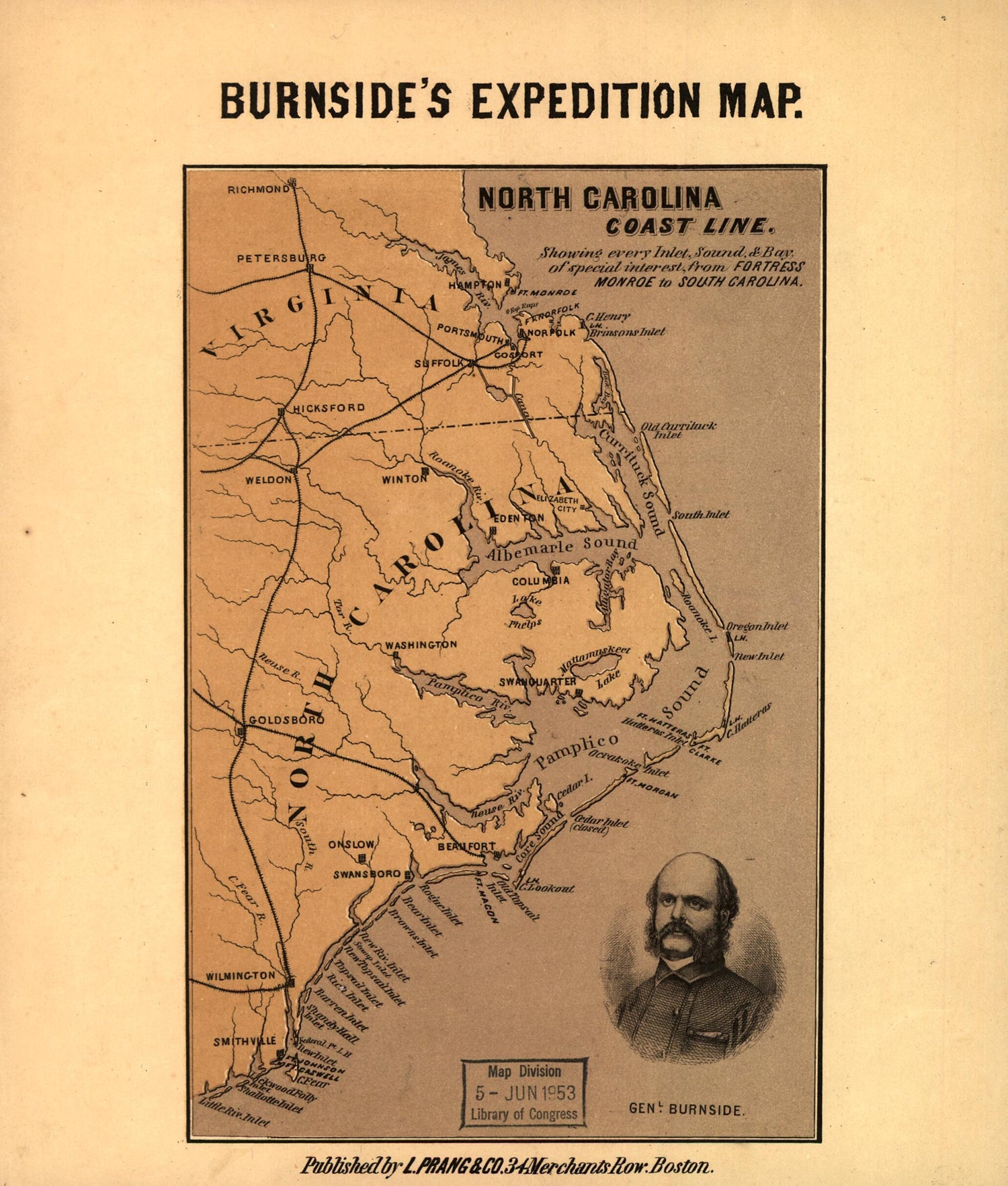 This old map of North Carolina Coast Line. Showing Every Inlet, Sound &amp; Bay of Special Interest, from Fortress Monroe to South Carolina from 1862 was created by  L. Prang &amp; Co in 1862