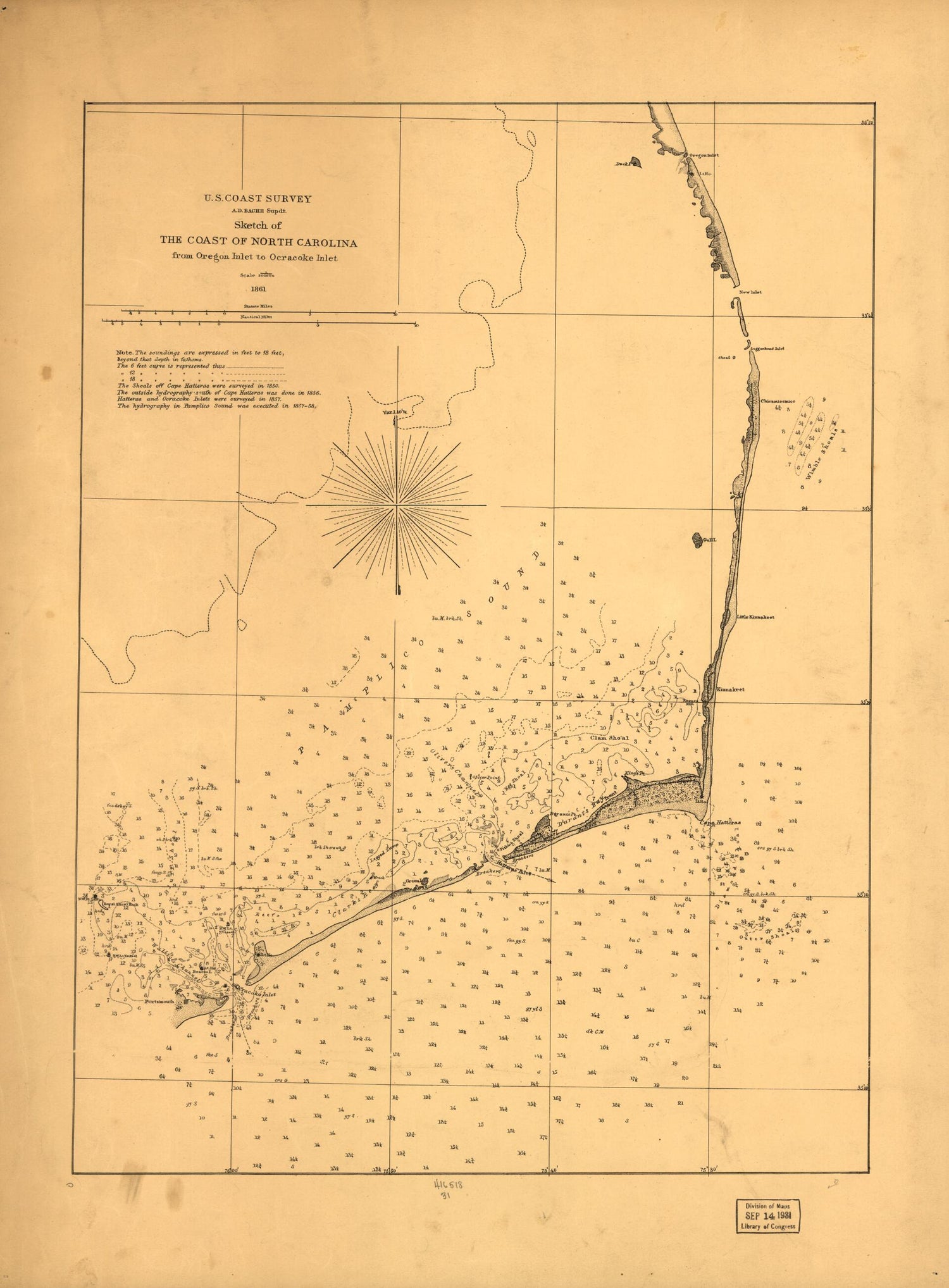 This old map of Sketch of the Coast of North Carolina from Oregon Inlet to Ocracoke Inlet from 1861 was created by  United States Coast Survey in 1861