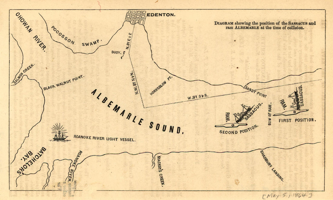 This old map of Diagram Showing the Position of the Sassacus and Ram Albemarle at the Time of Collision from 1864 was created by  United States. Navy in 1864