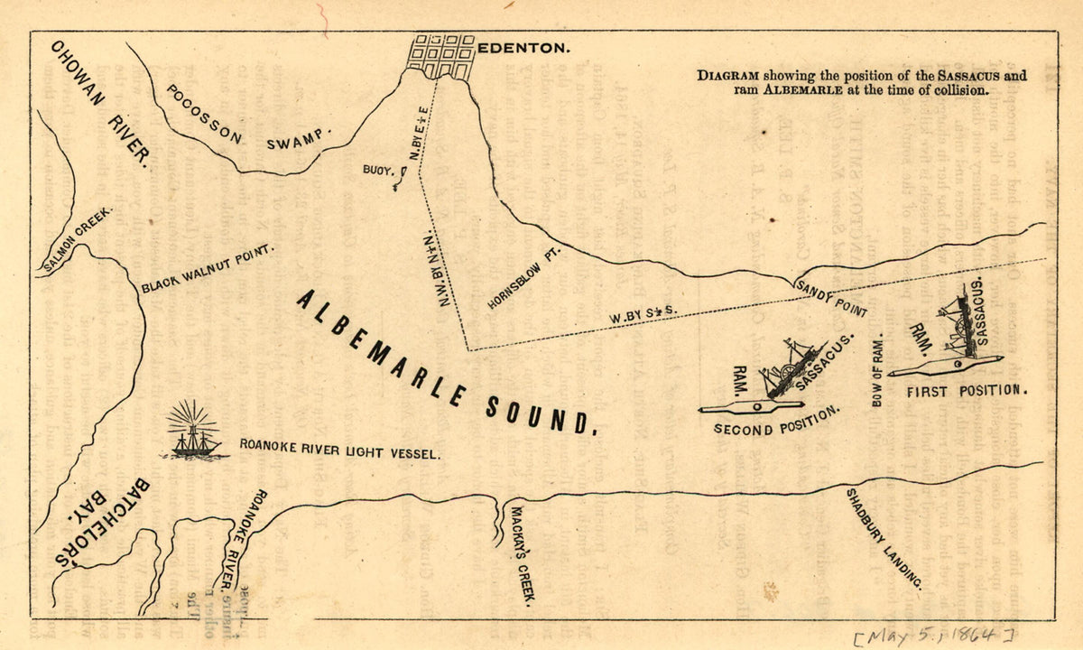 Diagram Showing the Position of the Sassacus and Ram Albemarle at the Time of Collision 1864 by Relic Map Company