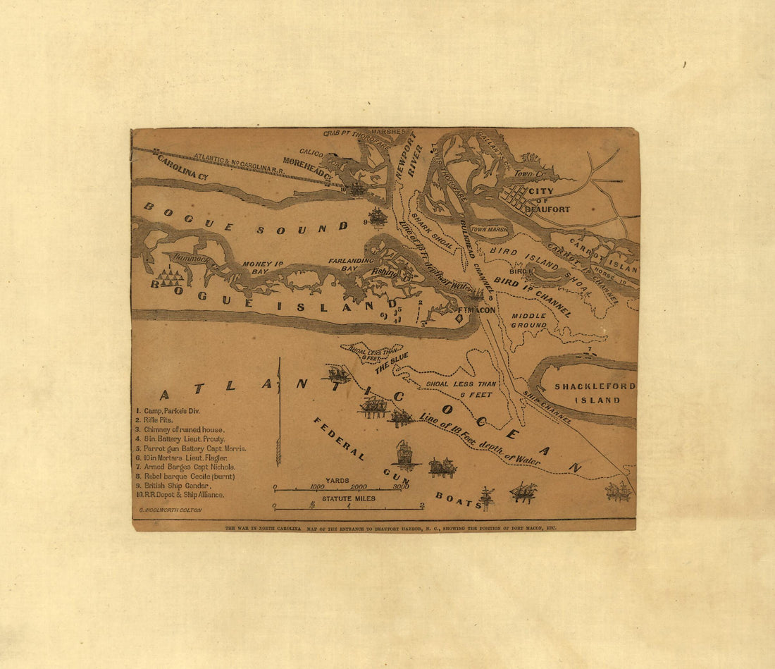 This old map of The War In North Carolina. Map of the Entrance to Beaufort Harbor, N.C. Showing the Position of Fort Macon, Etc from 1861 was created by G. Woolworth (George Woolworth) Colton in 1861