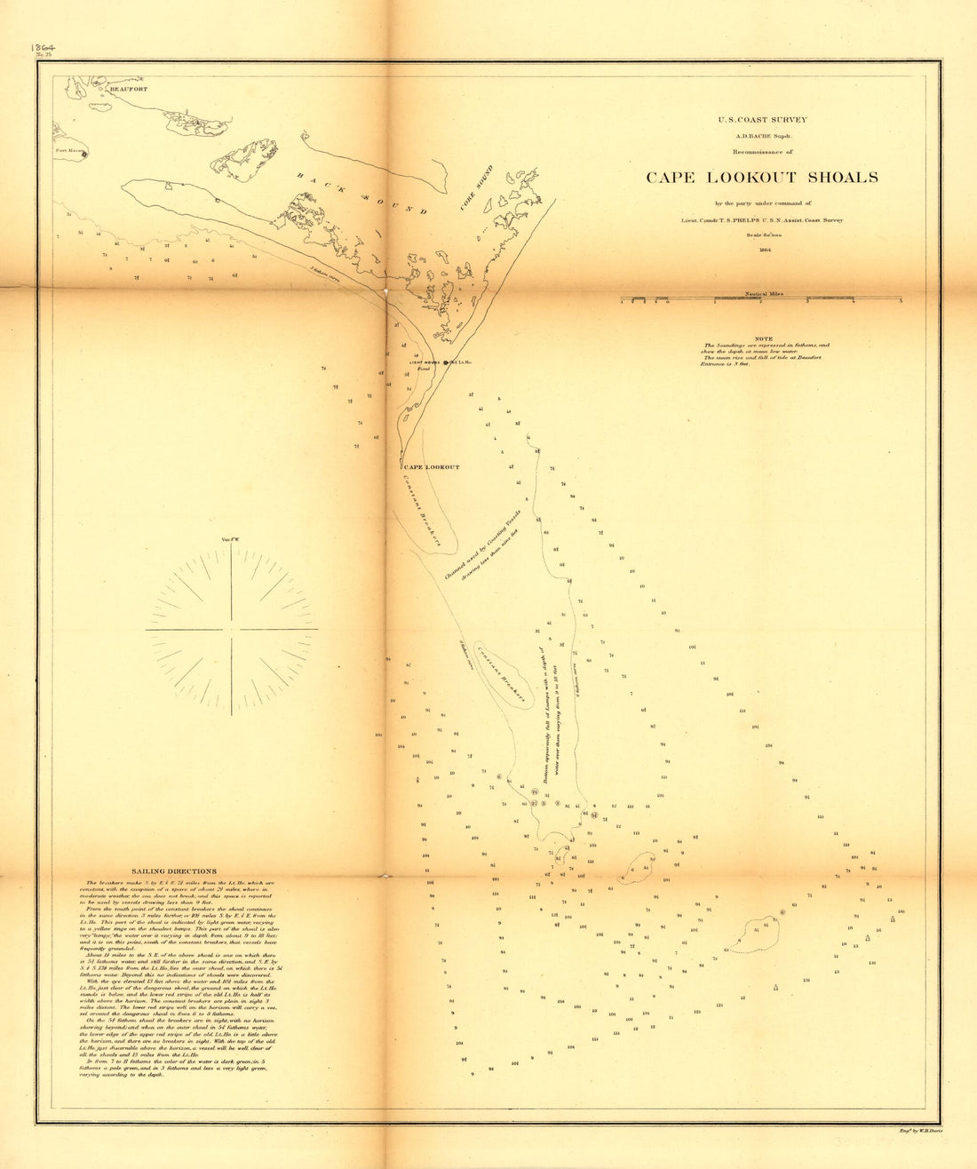 This old map of Reconnoissance sic of Cape Lookout Shoals from 1864 was created by  United States Coast Survey in 1864